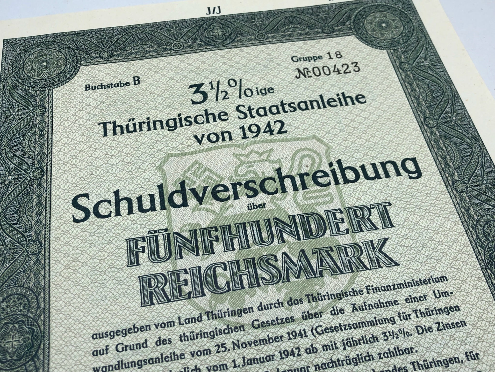 Original WW2 German Government Treasury Loan Bill 500 Reichmarks - The Militaria Shop