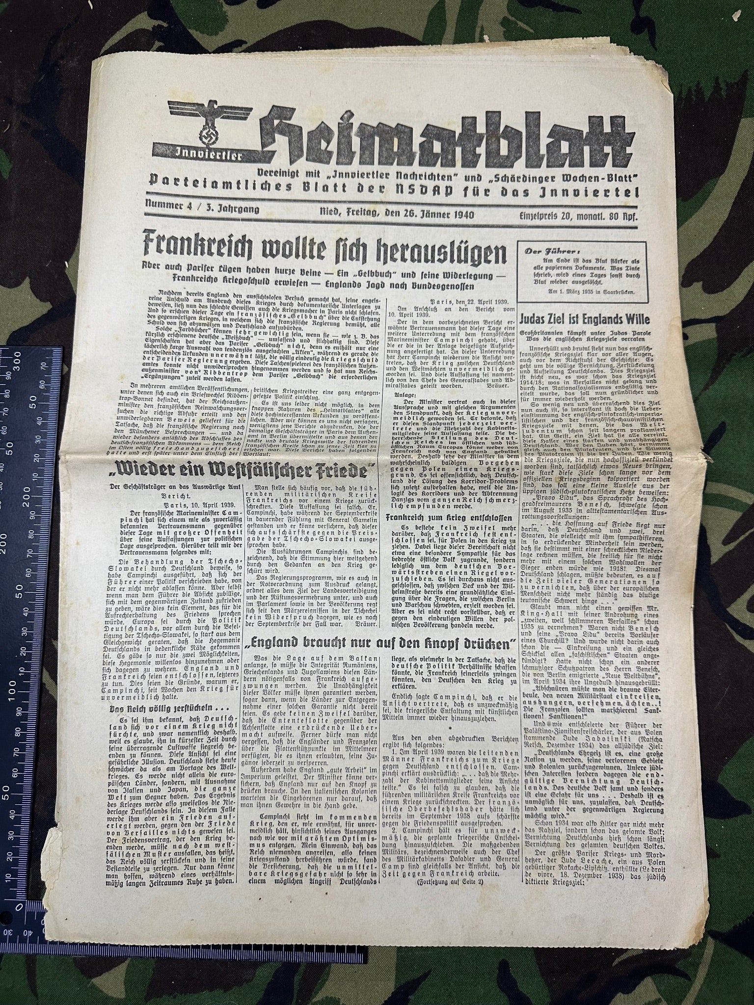 Original WW2 German Party Heimatblatt Political Newspaper - 26th January 1940 - The Militaria Shop