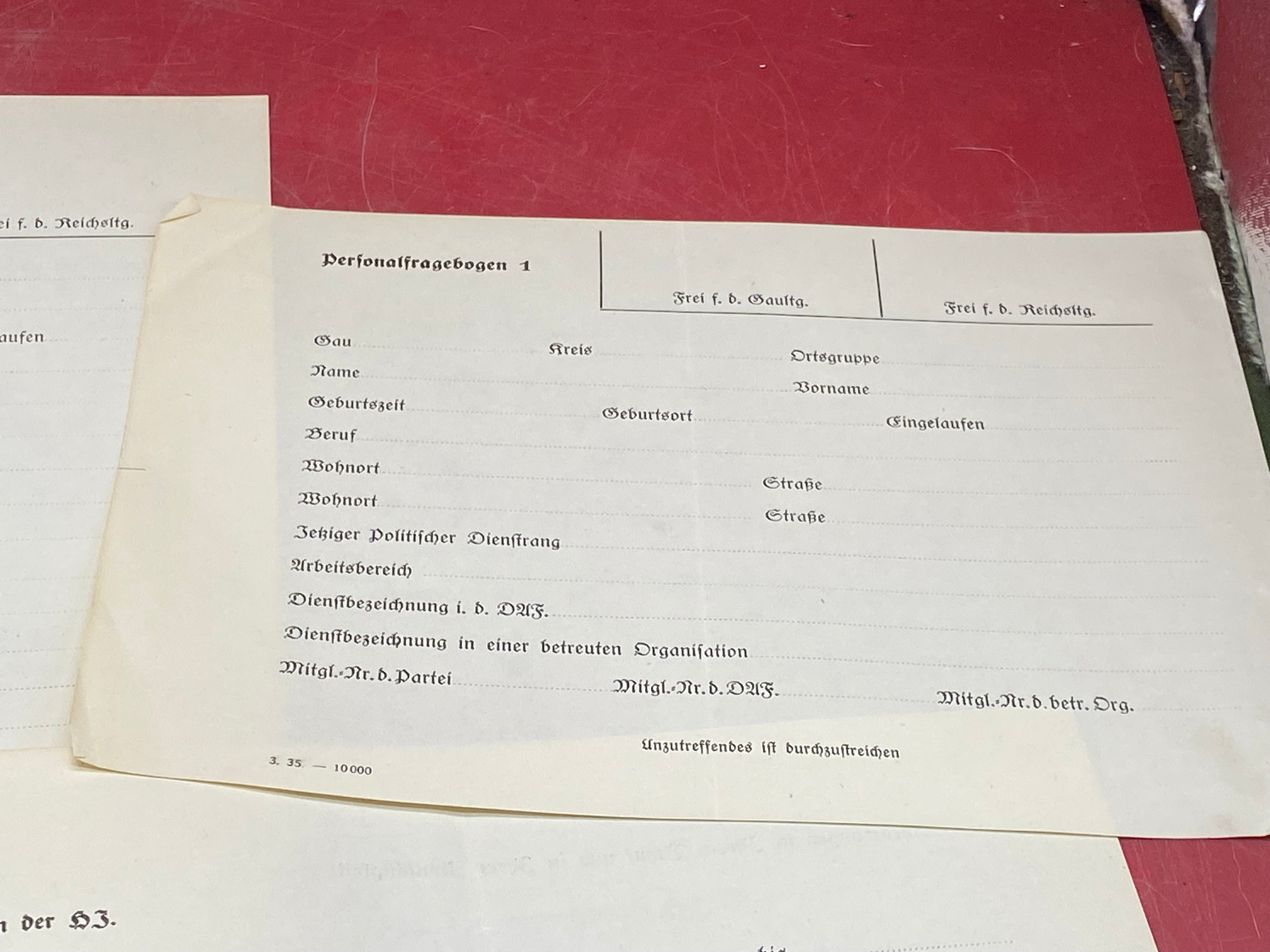 An Interesting Group of Three 1935 Dated NSADP Forms. - The Militaria Shop
