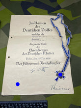 Load image into Gallery viewer, Original WW2 German Mother's Cross in Silver with Certificate - Adolf Hitler Signature - The Militaria Shop