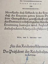 Load image into Gallery viewer, Original WW2 German Railway Award Certificate issued to a Railway Assistant. - The Militaria Shop