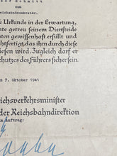 Load image into Gallery viewer, Original WW2 German Railway Award Certificate issued to a Railway Assistant. - The Militaria Shop