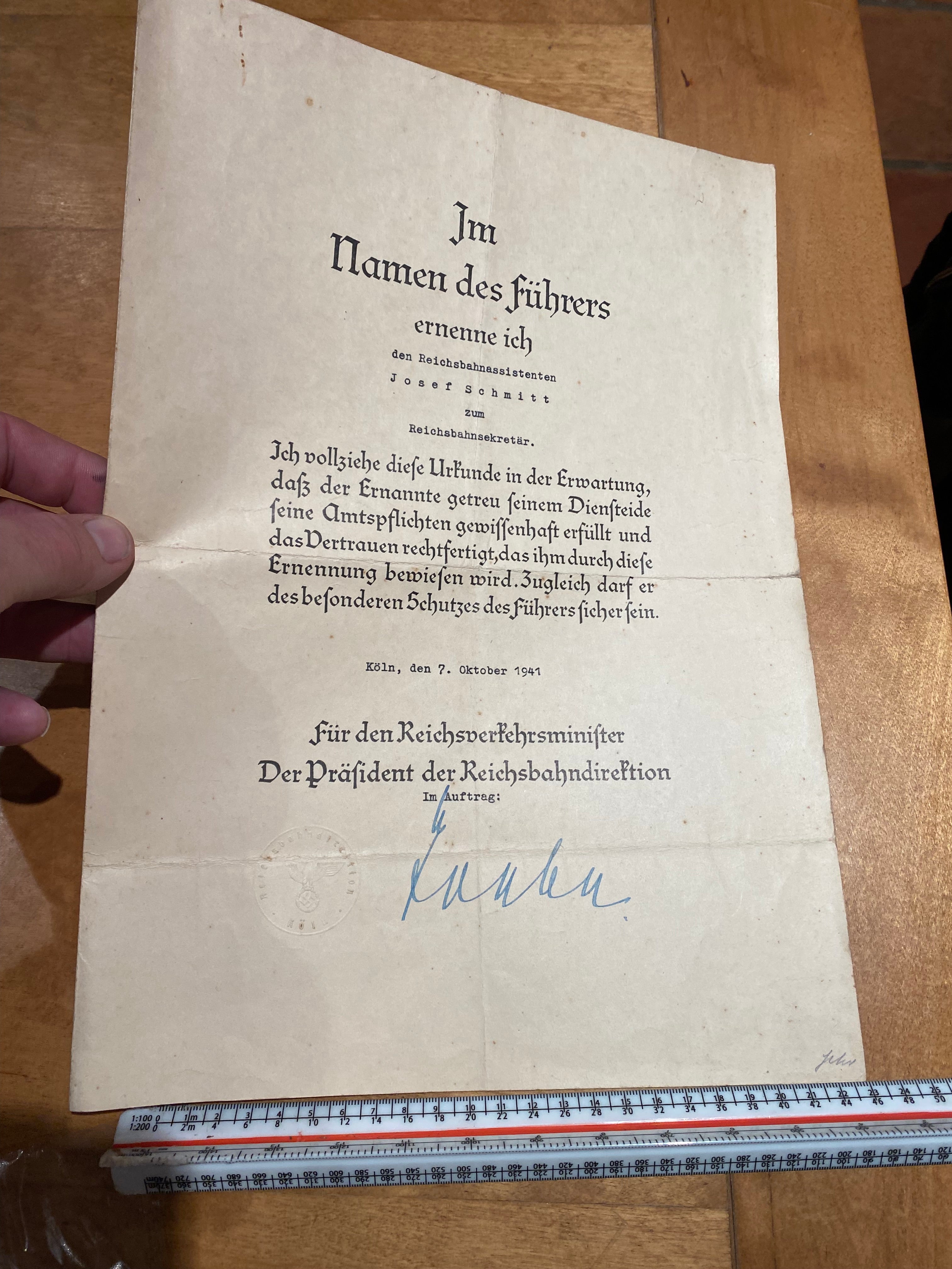 Original WW2 German Railway Award Certificate issued to a Railway Assistant. - The Militaria Shop