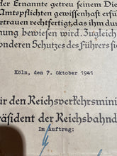 Load image into Gallery viewer, Original WW2 German Railway Award Certificate issued to a Railway Assistant. - The Militaria Shop