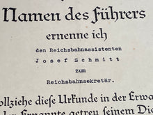 Load image into Gallery viewer, Original WW2 German Railway Award Certificate issued to a Railway Assistant. - The Militaria Shop