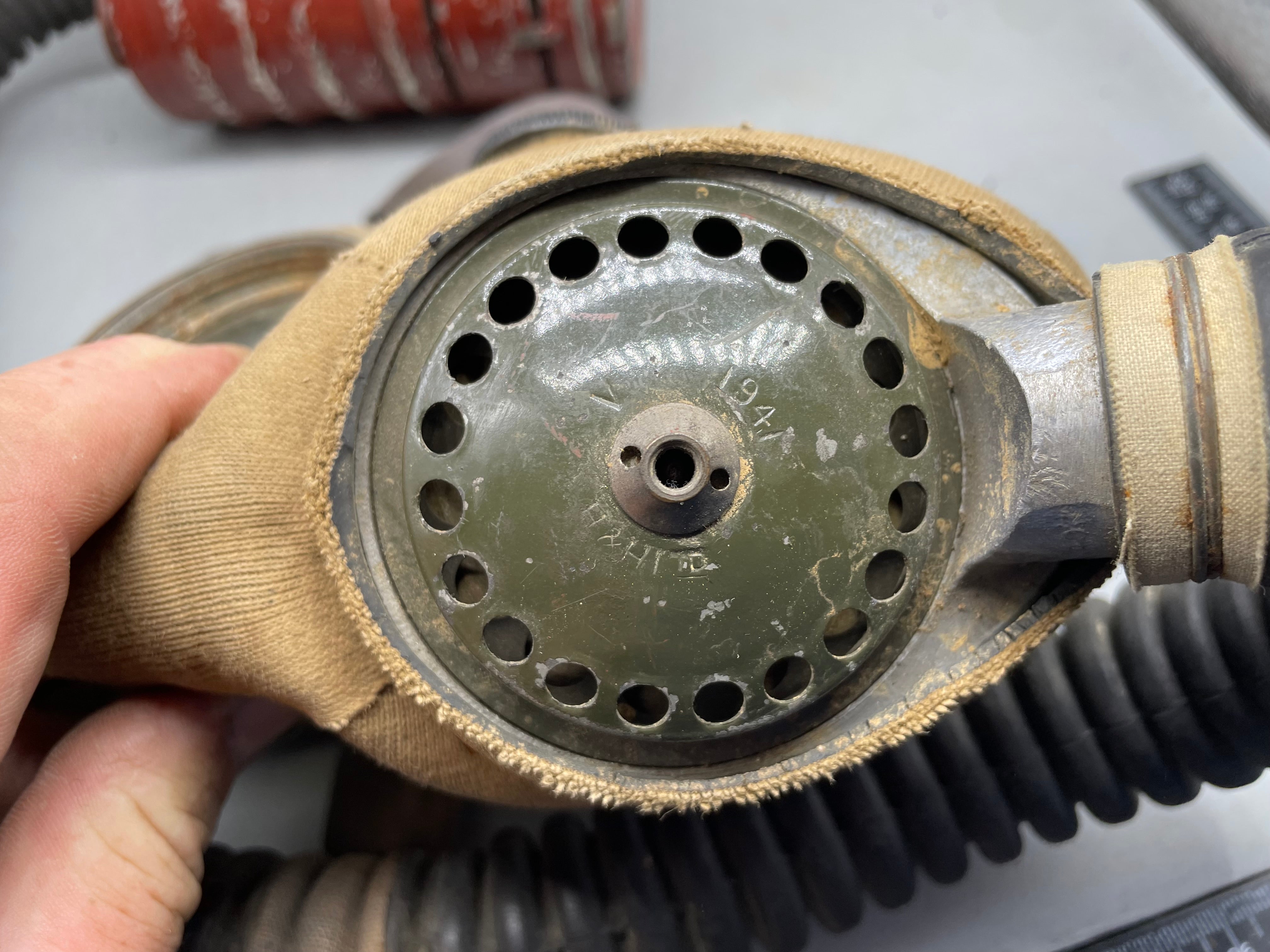 Original WW2 British Army Soldier's T-Mic Long Hose Gas Mask & Dog Tag RNVR - The Militaria Shop