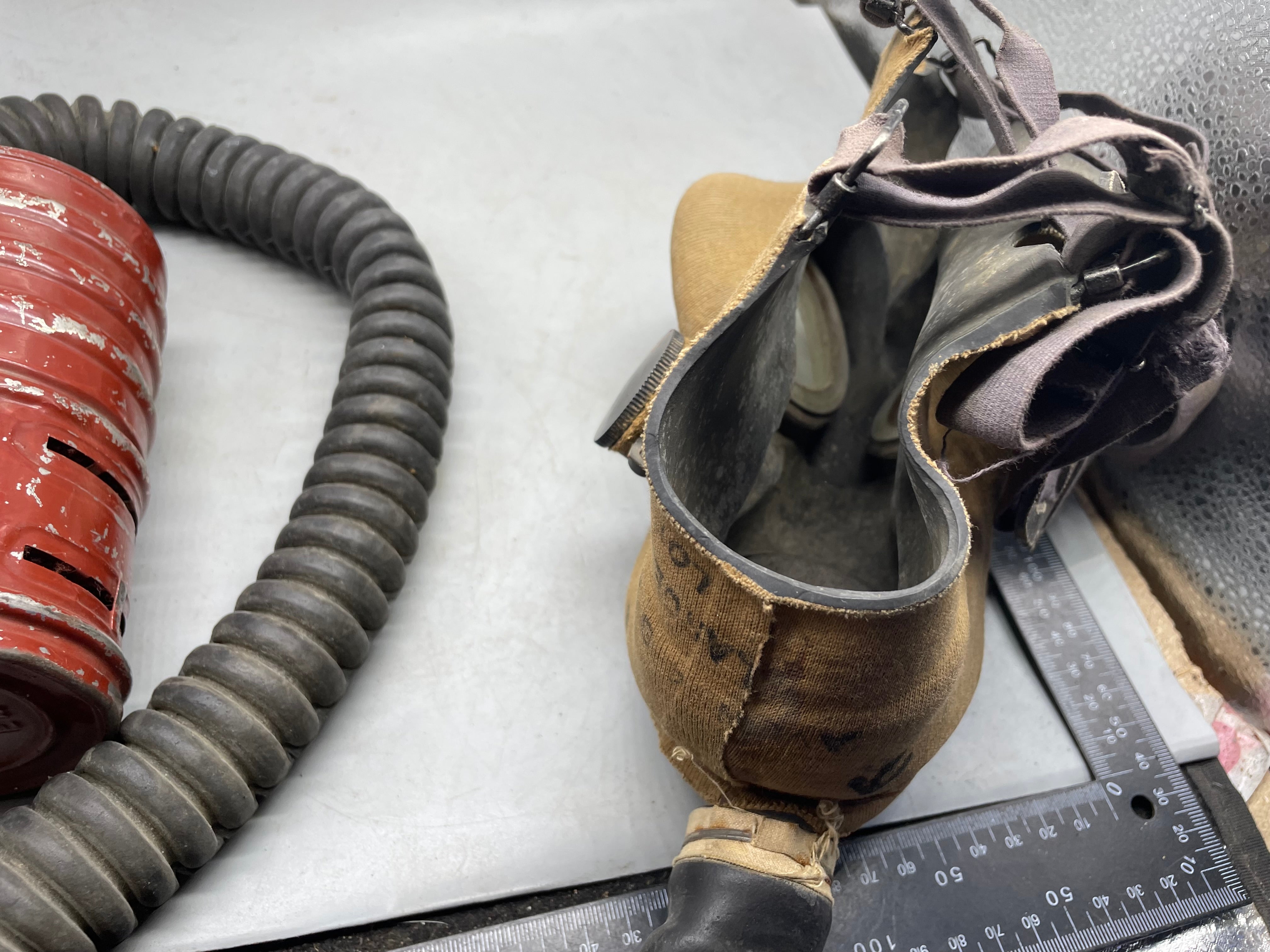 Original WW2 British Army Soldier's T-Mic Long Hose Gas Mask & Dog Tag RNVR - The Militaria Shop