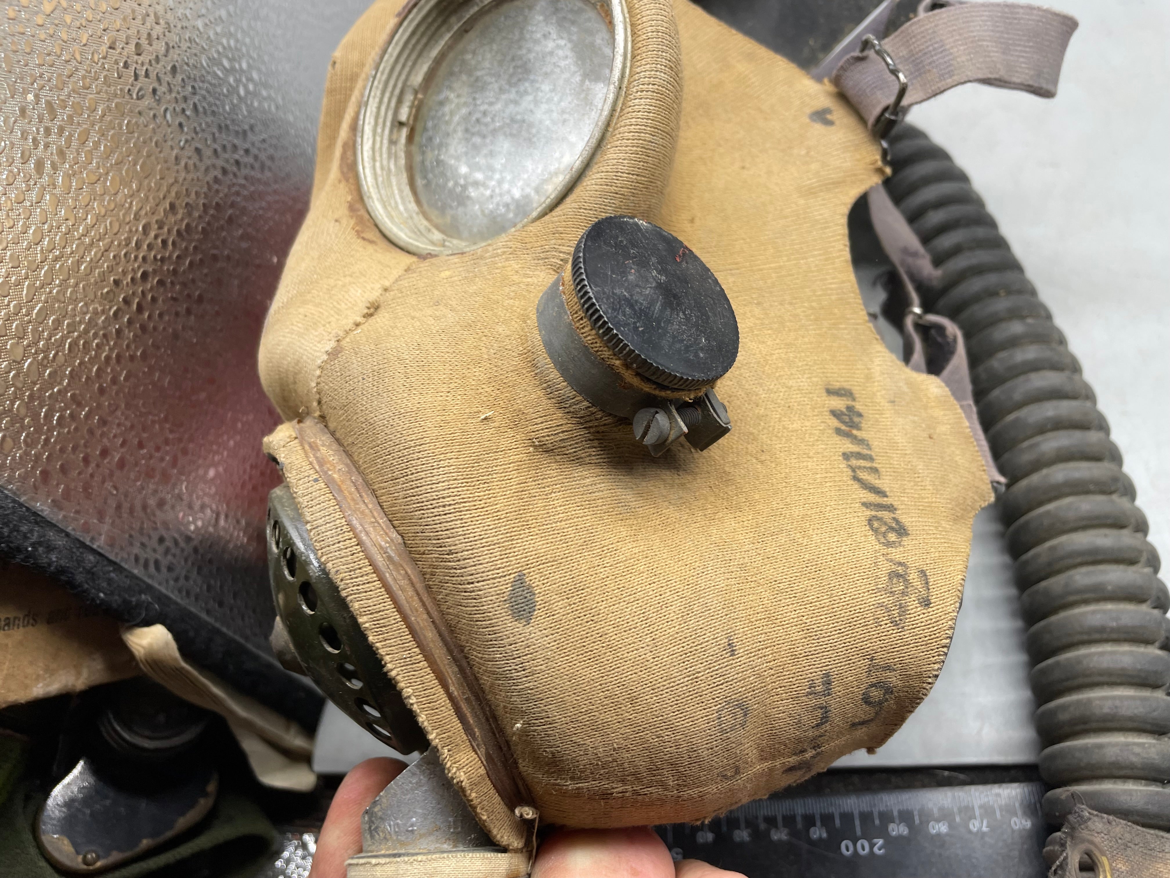 Original WW2 British Army Soldier's T-Mic Long Hose Gas Mask & Dog Tag RNVR - The Militaria Shop
