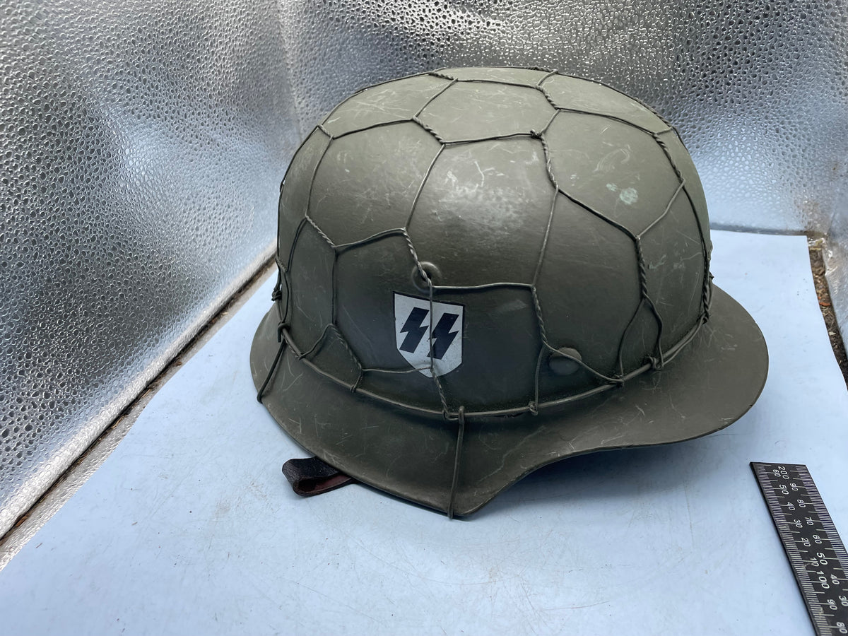 Reproduction WW2 German Double Decal SS Helmet with Chicken Wire - Size 68cm - The Militaria Shop