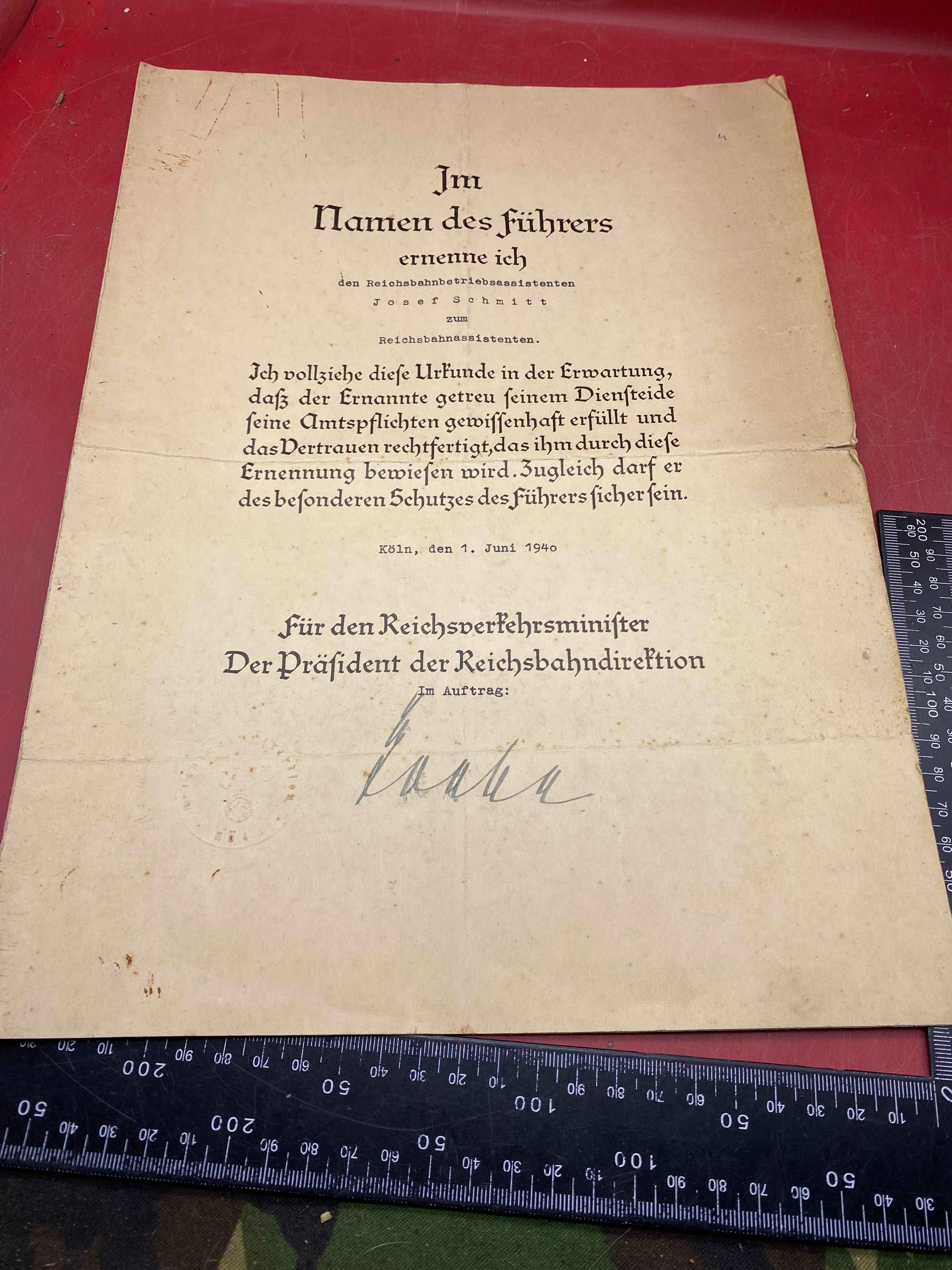 2nd Original WW2 German Railway Award Certificate issued to a Railway Assistant. - The Militaria Shop