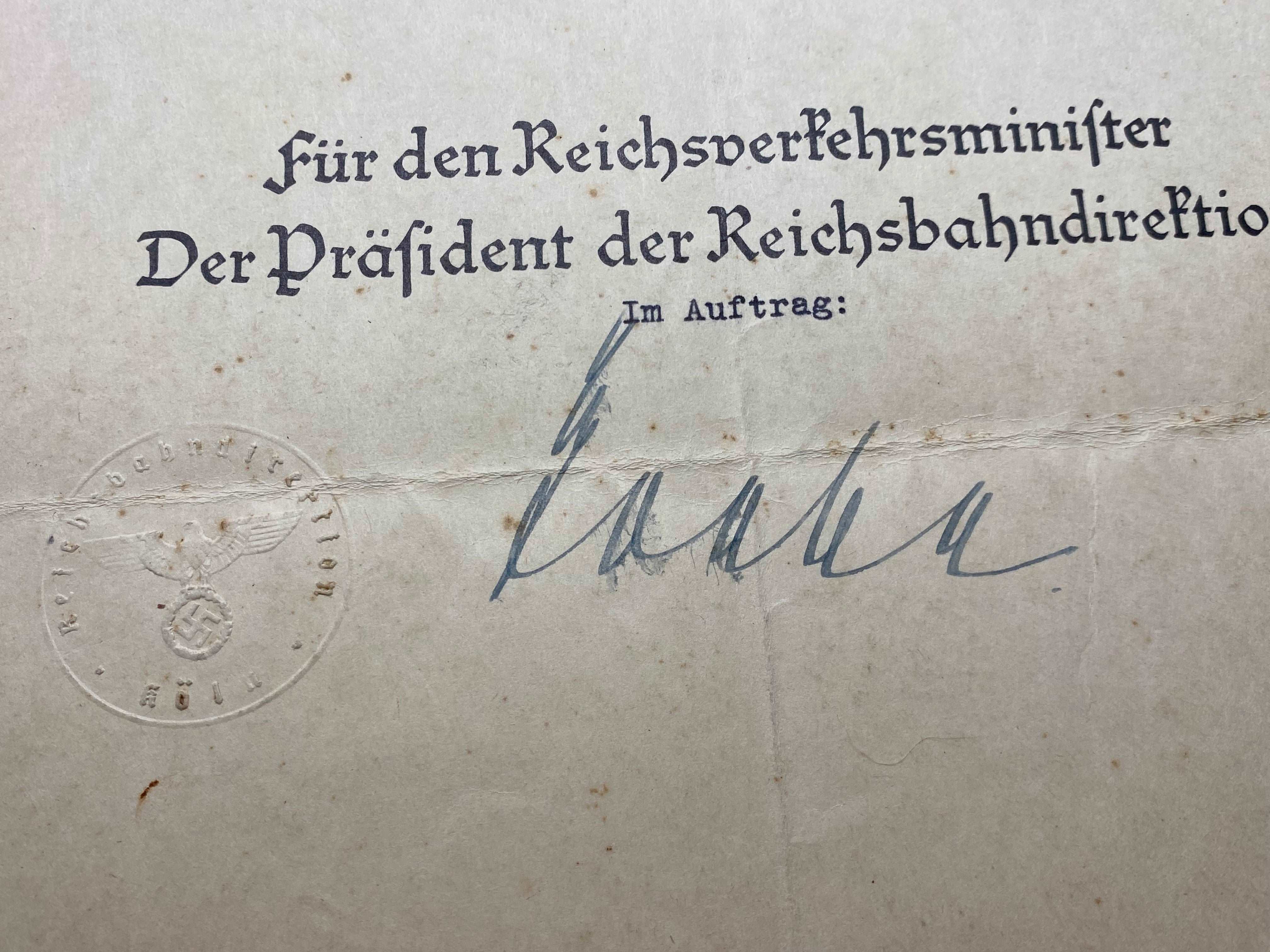 2nd Original WW2 German Railway Award Certificate issued to a Railway Assistant. - The Militaria Shop