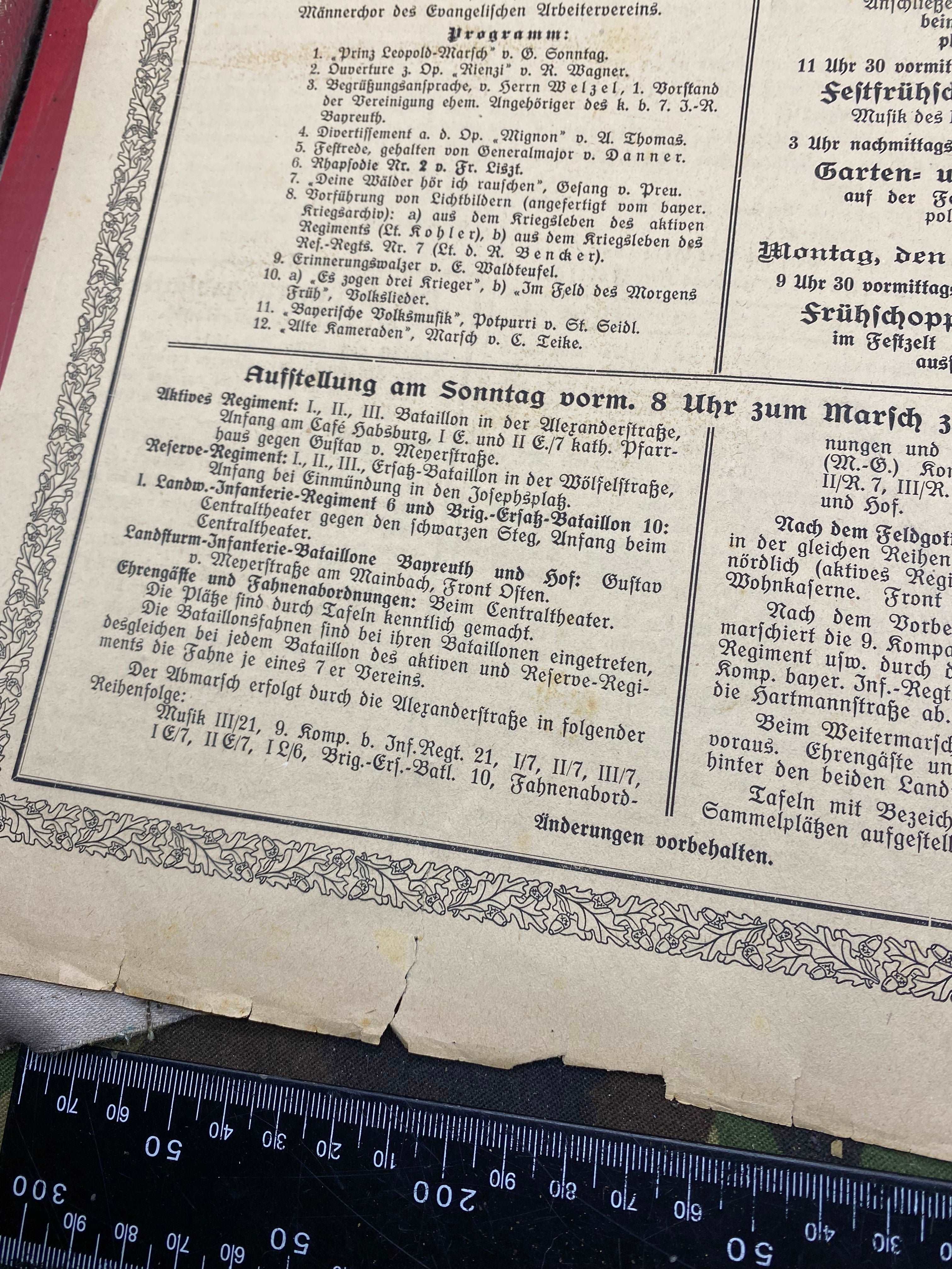 1922 Dated German Army Regimental Festival in Bayreuth - Leaflet / Poster. - The Militaria Shop