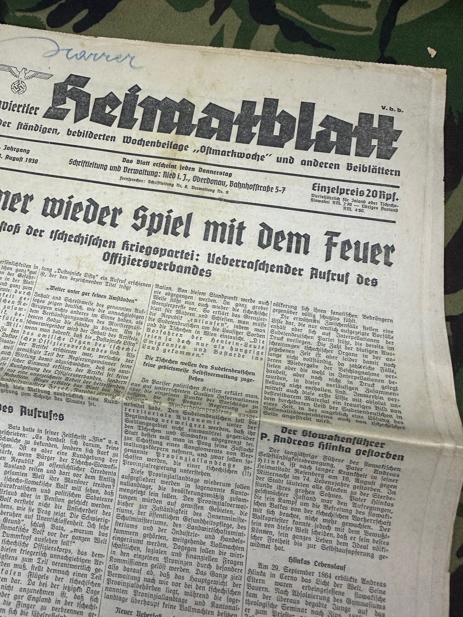 Original WW2 German Party Heimatblatt Political Newspaper - 18th August 1938 - The Militaria Shop