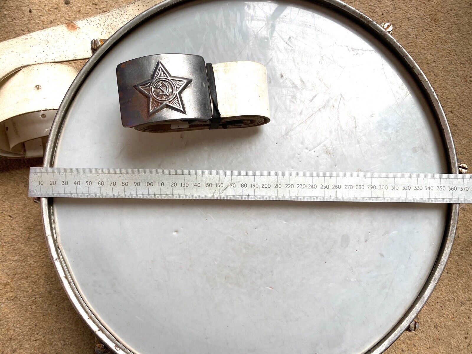 Cold War ERA Soviet Union Army marching drum with matching belt and buckle - The Militaria Shop