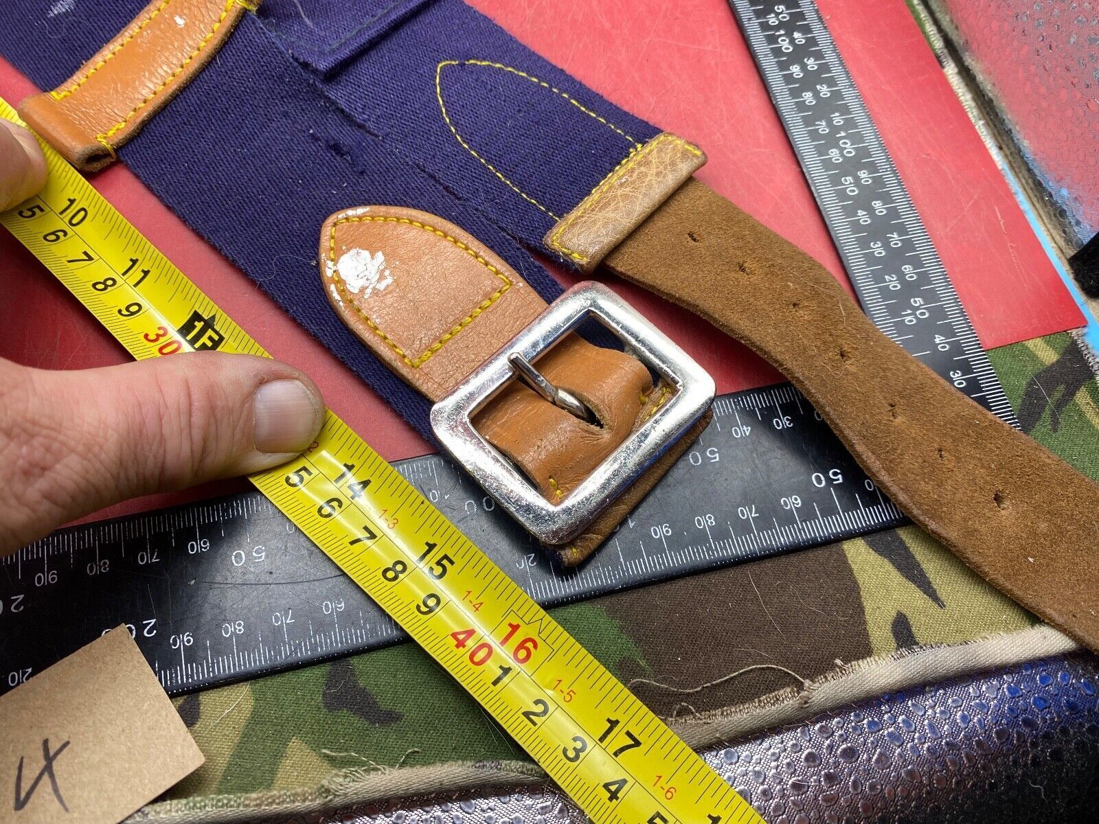 WW2 British Army Hussars Blue Canvas and Leather Belt with Fittings. 30 inch. - The Militaria Shop