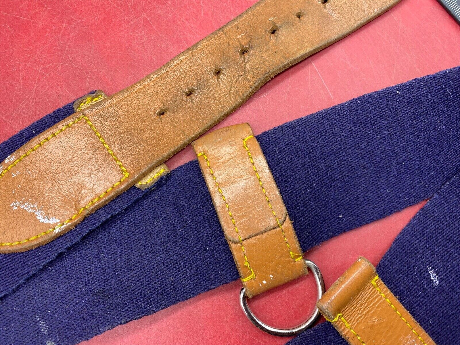 WW2 British Army Hussars Blue Canvas and Leather Belt with Fittings. 30 inch. - The Militaria Shop