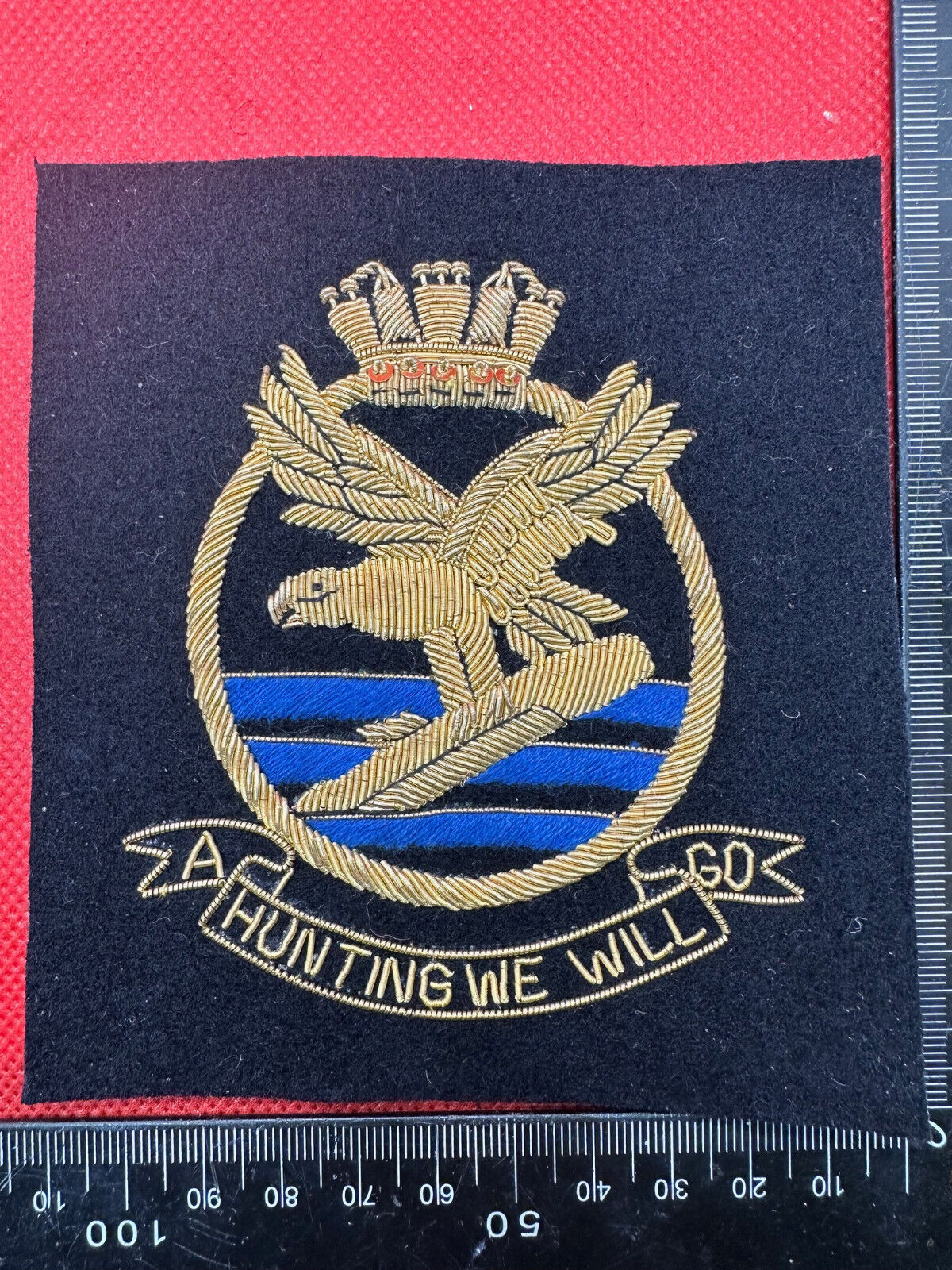 British Royal Navy Bullion Embroidered Blazer Badge - Submarine Hunting We Will - The Militaria Shop