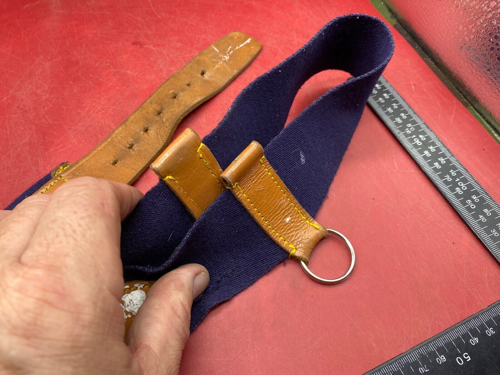WW2 British Army Hussars Blue Canvas and Leather Belt with Fittings. 30 inch. - The Militaria Shop