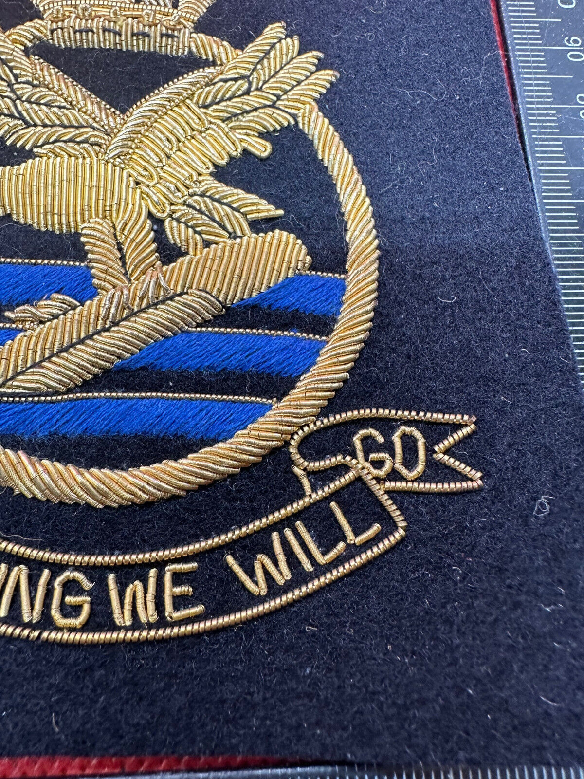 British Royal Navy Bullion Embroidered Blazer Badge - Submarine Hunting We Will - The Militaria Shop
