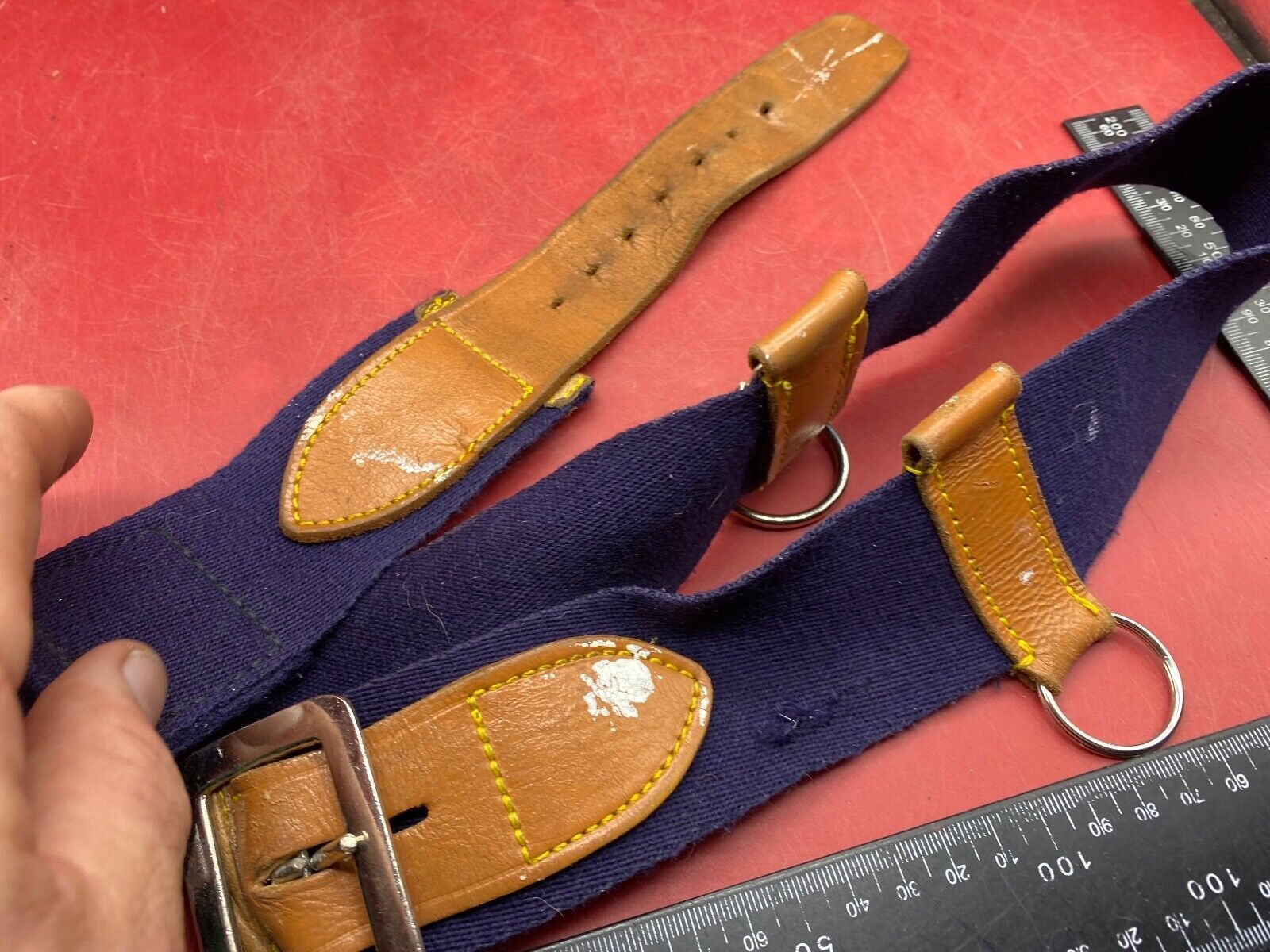 WW2 British Army Hussars Blue Canvas and Leather Belt with Fittings. 30 inch. - The Militaria Shop