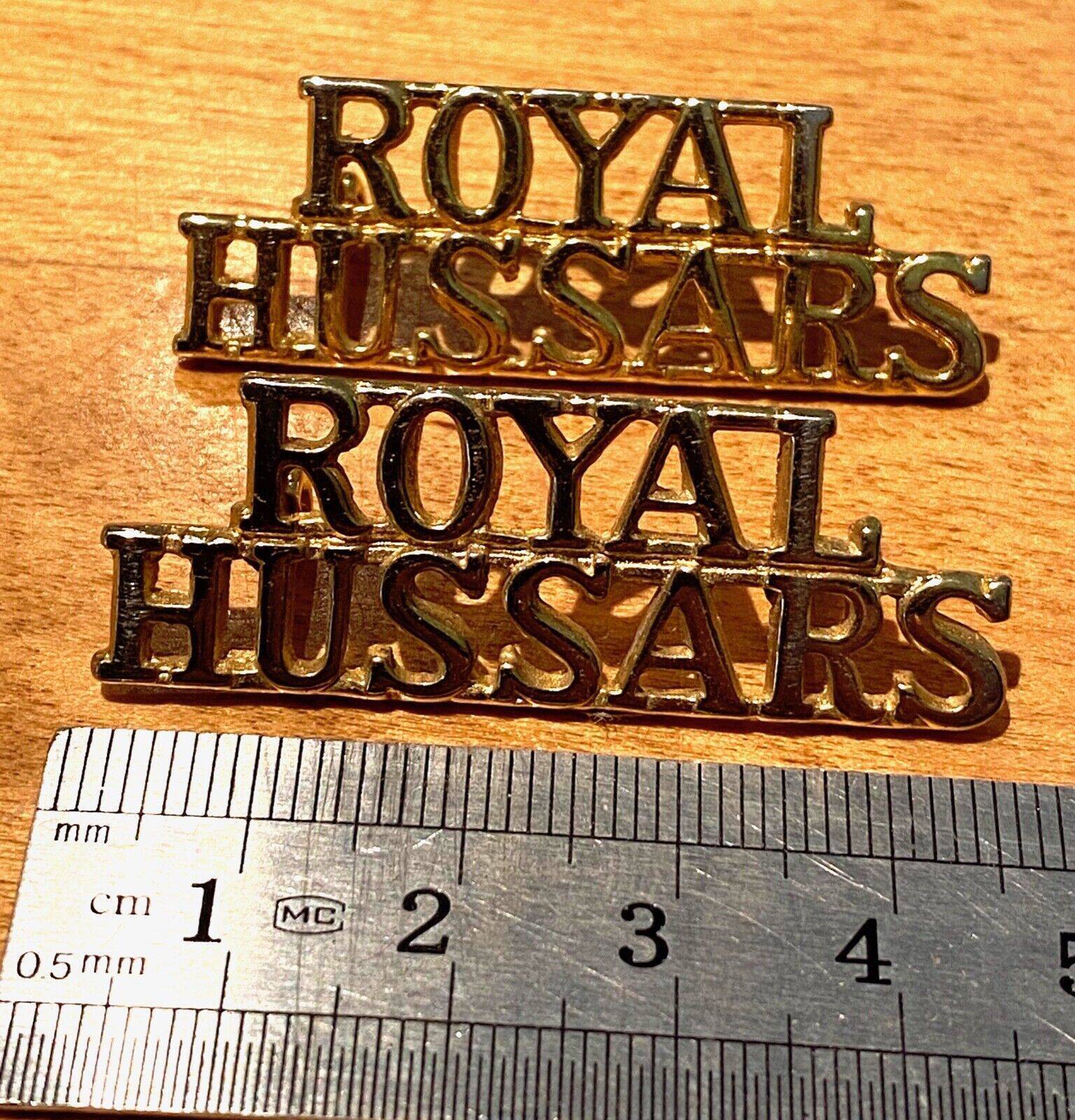 A pair of British Army ROYAL HUSSARS Anodised (Staybrite) shoulder titles - B39 - The Militaria Shop
