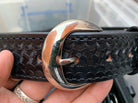 Aker Black Leather Woven Pattern Pistol Belt- 32" Waist- Hidden Coin Compar - The Militaria Shop