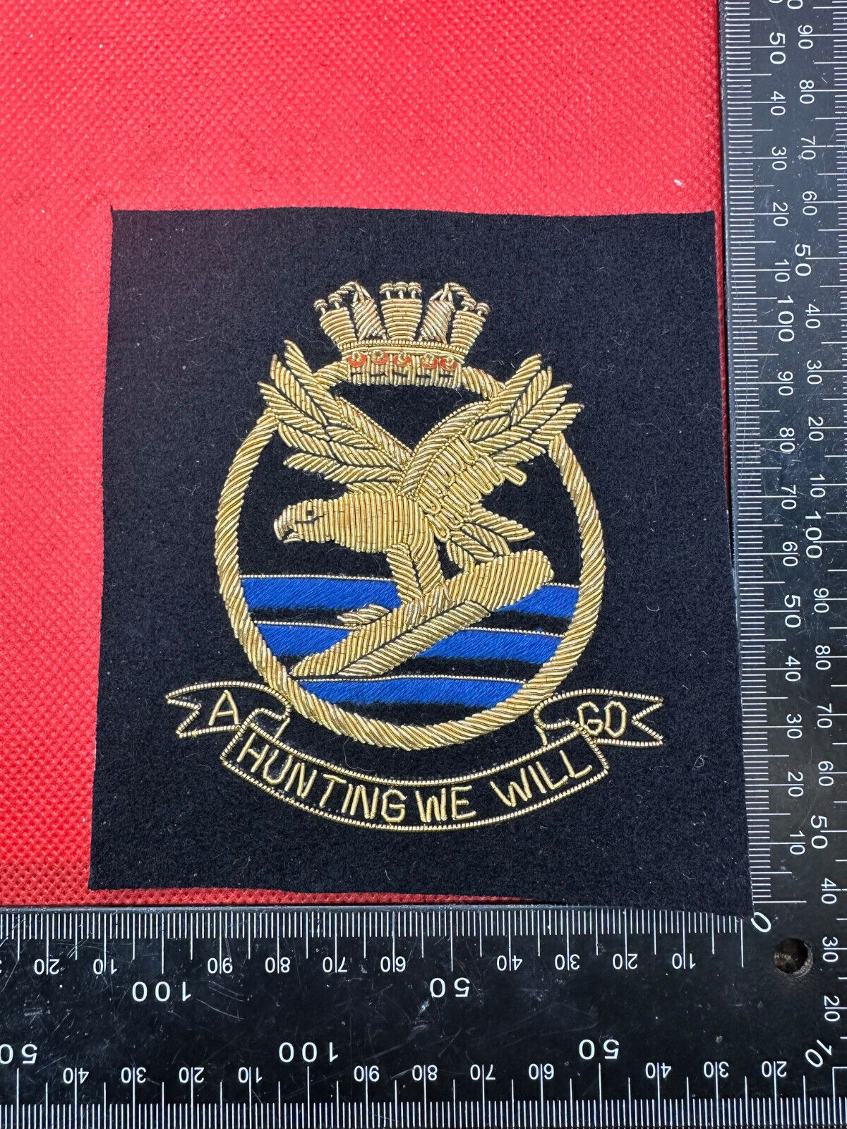British Royal Navy Bullion Embroidered Blazer Badge - Submarine Hunting We Will - The Militaria Shop