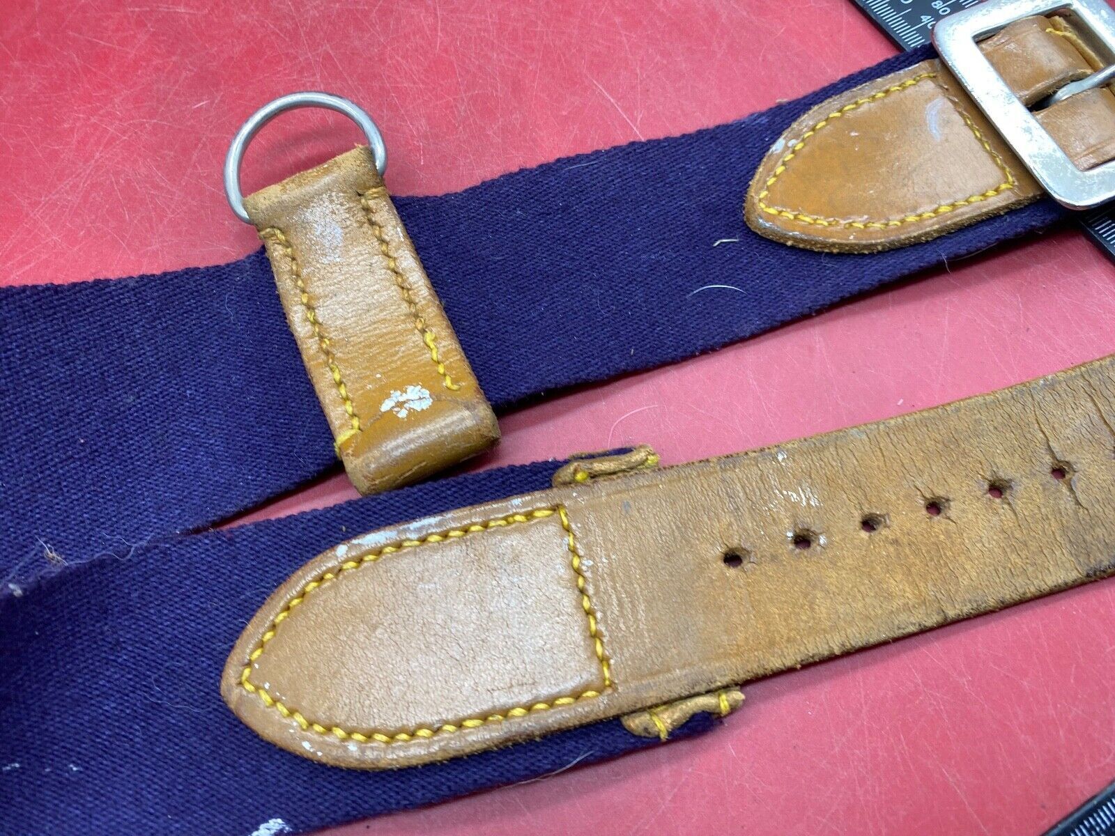 WW2 British Army Hussars Blue Canvas and Leather Belt with Fittings. - The Militaria Shop