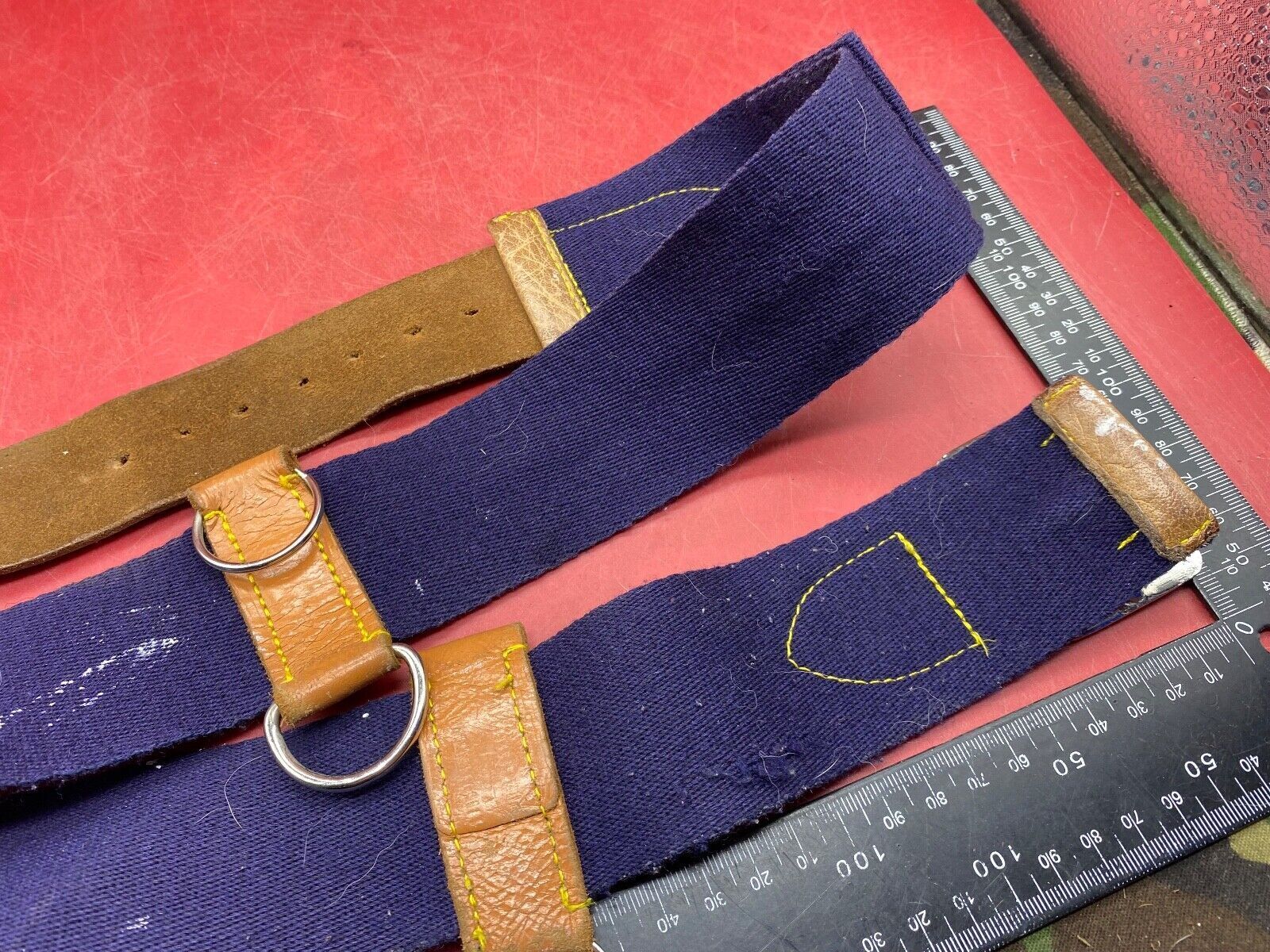 WW2 British Army Hussars Blue Canvas and Leather Belt with Fittings. 30 inch. - The Militaria Shop