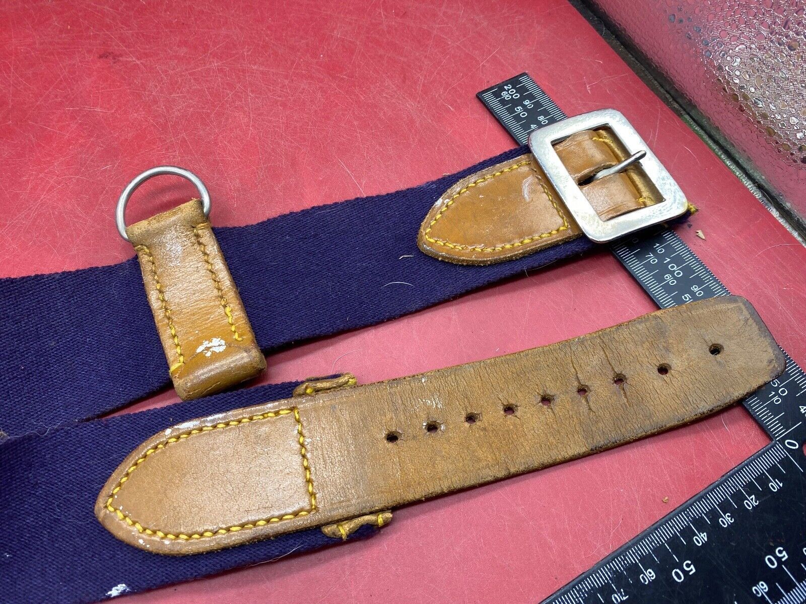 WW2 British Army Hussars Blue Canvas and Leather Belt with Fittings. - The Militaria Shop