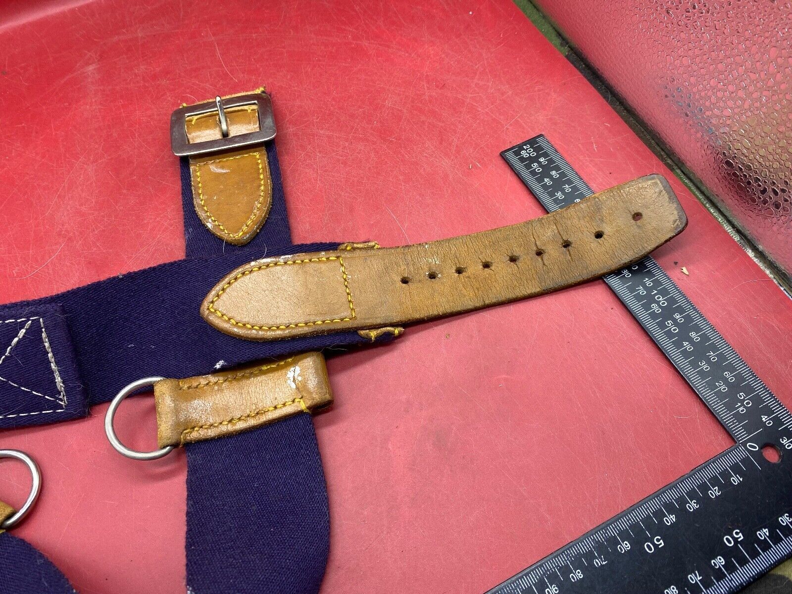 WW2 British Army Hussars Blue Canvas and Leather Belt with Fittings. - The Militaria Shop