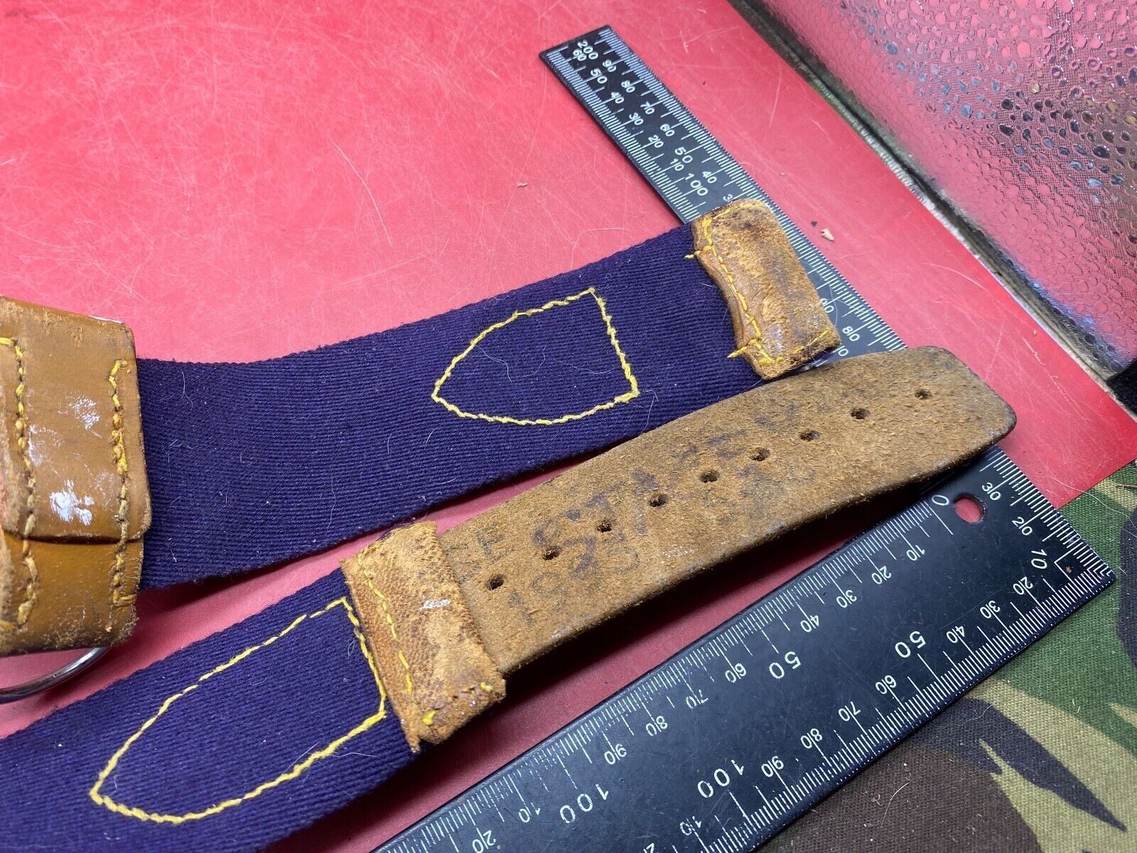 WW2 British Army Hussars Blue Canvas and Leather Belt with Fittings. - The Militaria Shop