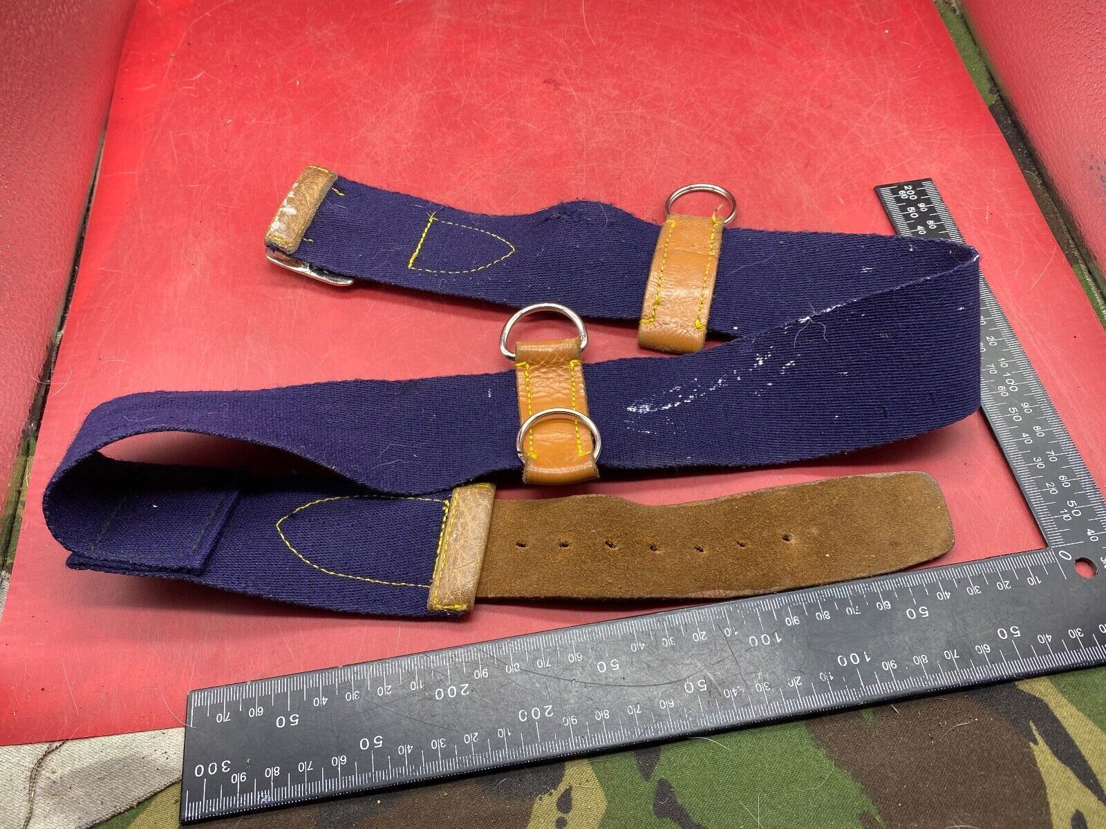 WW2 British Army Hussars Blue Canvas and Leather Belt with Fittings. 30 inch. - The Militaria Shop
