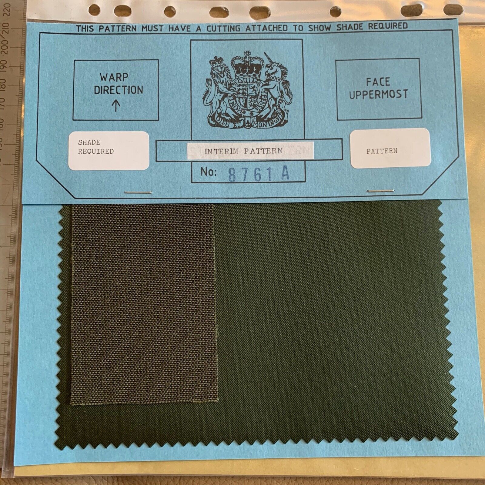 Original British Army Sealed Standard Patter - 8761A Laminate Cloth Olive Drab - The Militaria Shop