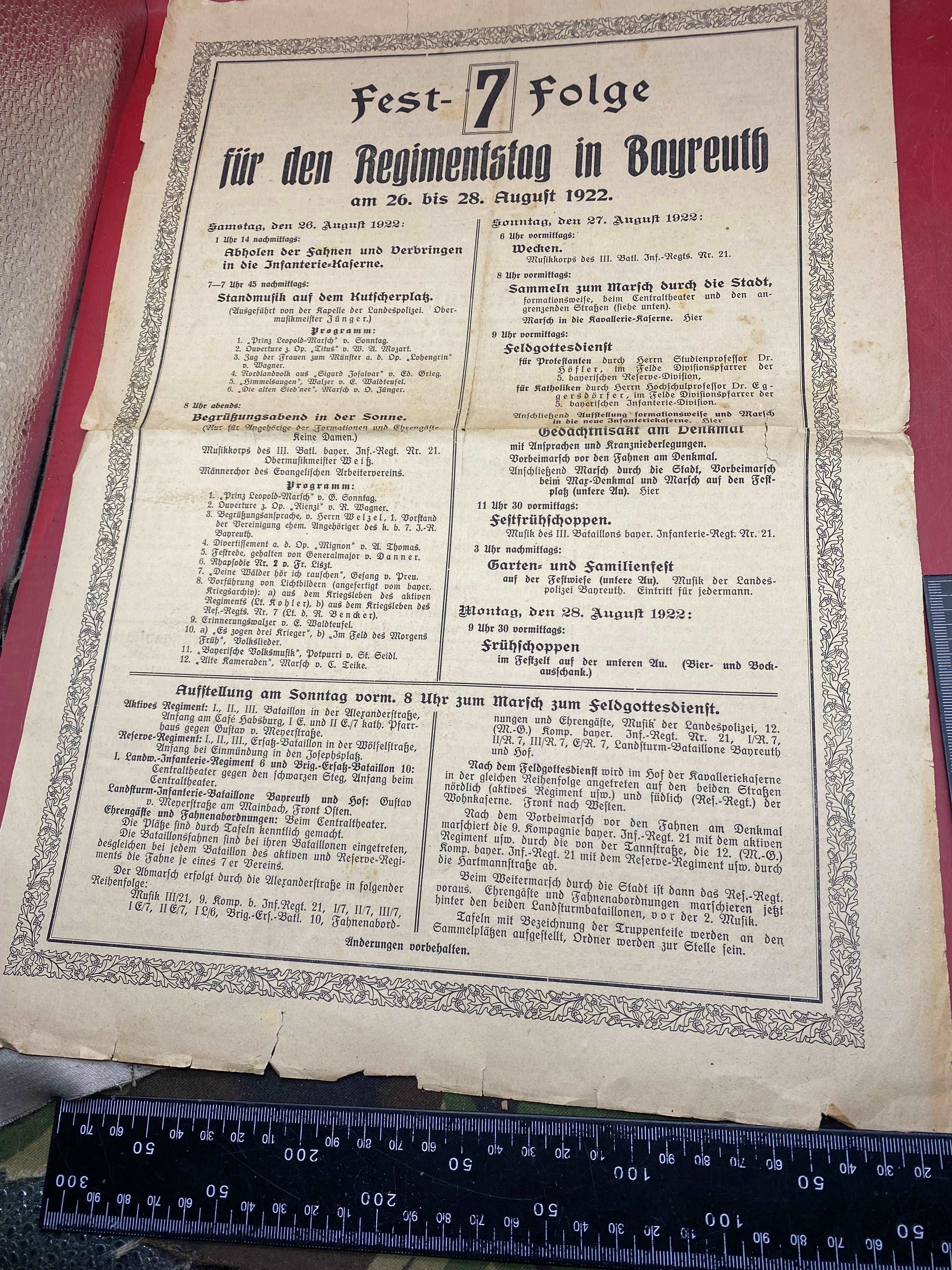 1922 Dated German Army Regimental Festival in Bayreuth - Leaflet / Poster. - The Militaria Shop