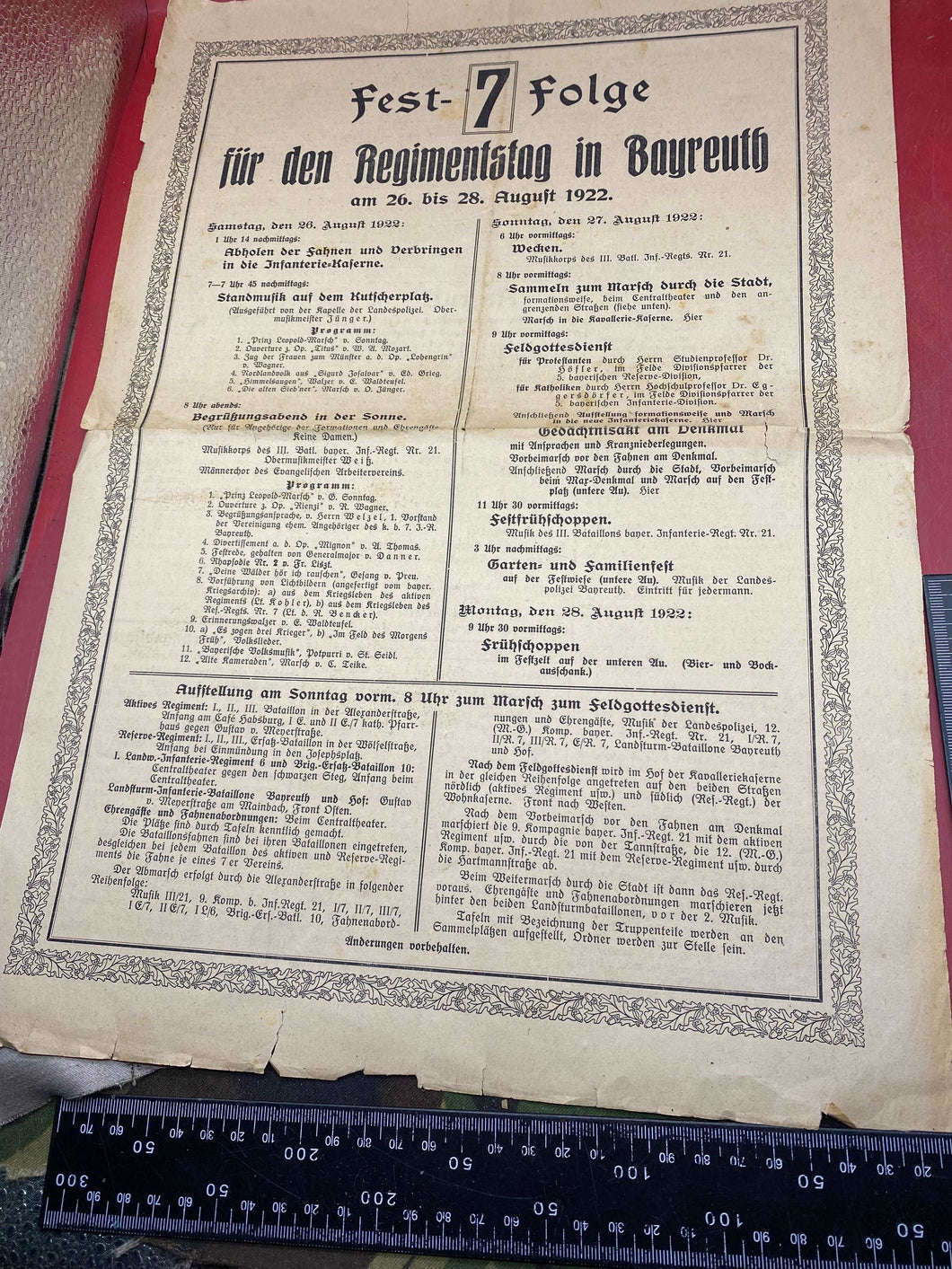 1922 Dated German Army Regimental Festival in Bayreuth - Leaflet / Poster. - The Militaria Shop