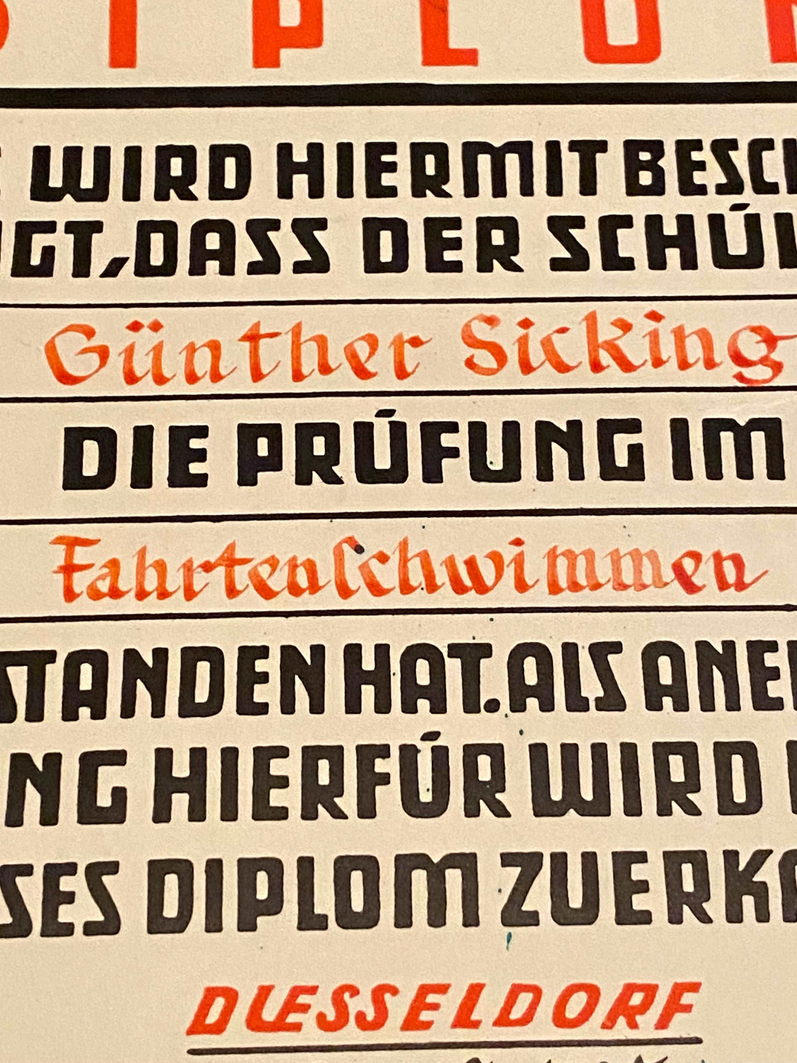 1935 Dated German Swimming Diploma  - Great Display Item. - The Militaria Shop