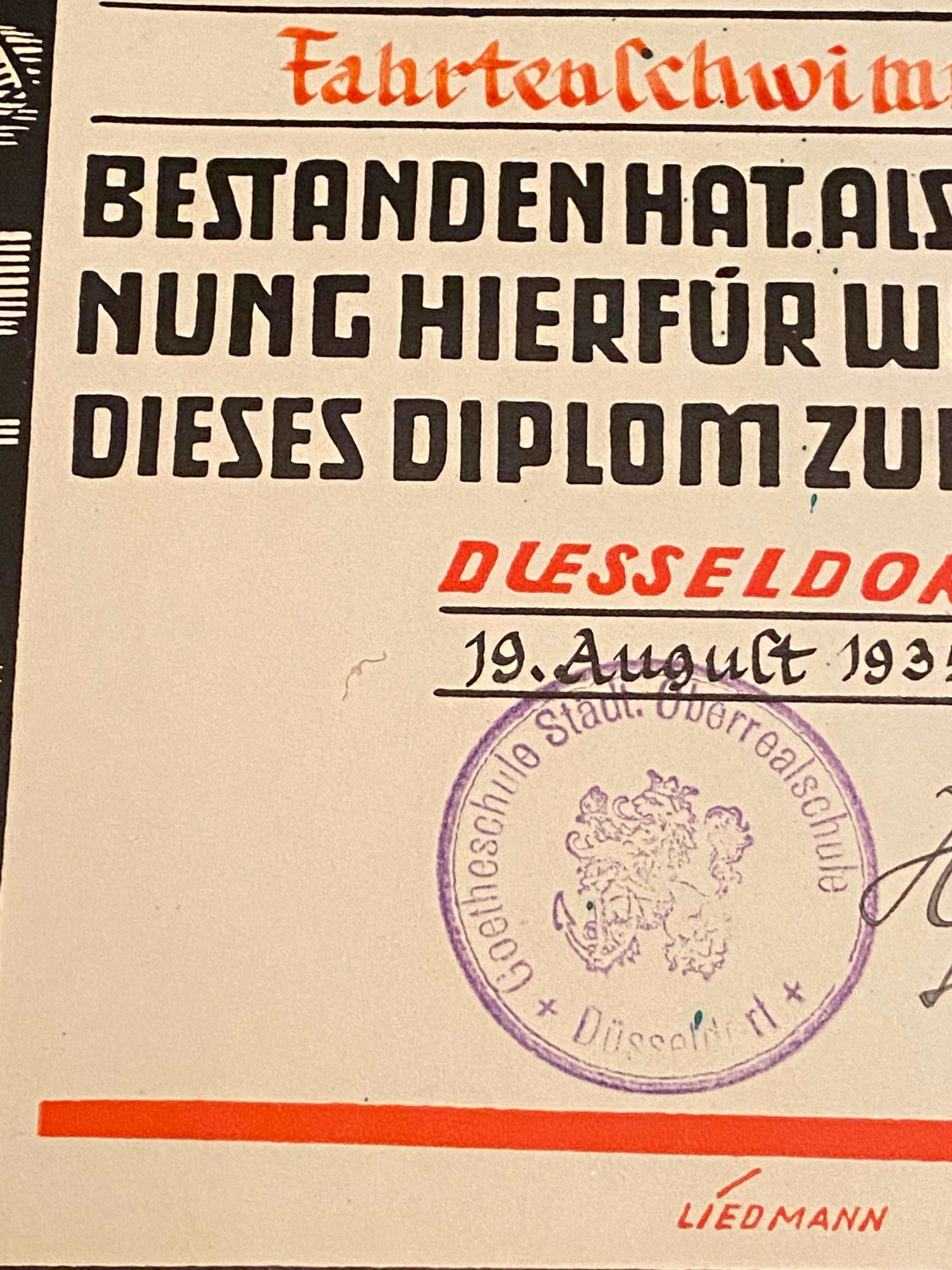1935 Dated German Swimming Diploma  - Great Display Item. - The Militaria Shop