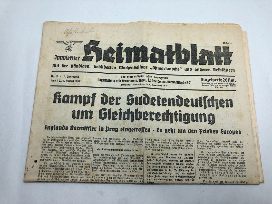 Original WW2 German NSDAP Heimatblatt Political Newspaper - 4th August 1938