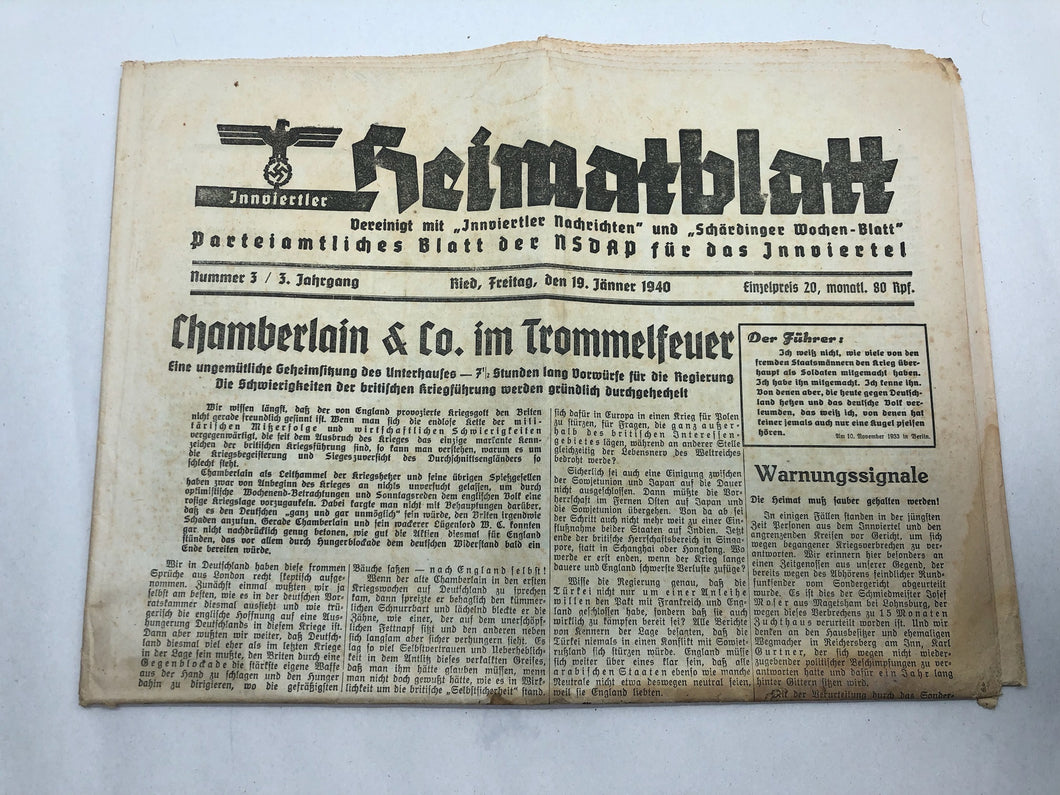 Original WW2 German NSDAP Heimatblatt Political Newspaper - January 19th 1940
