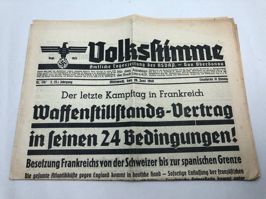 Original WW2 German NSDAP VOLKSSTIMME Political Newspaper - 26th June 1940