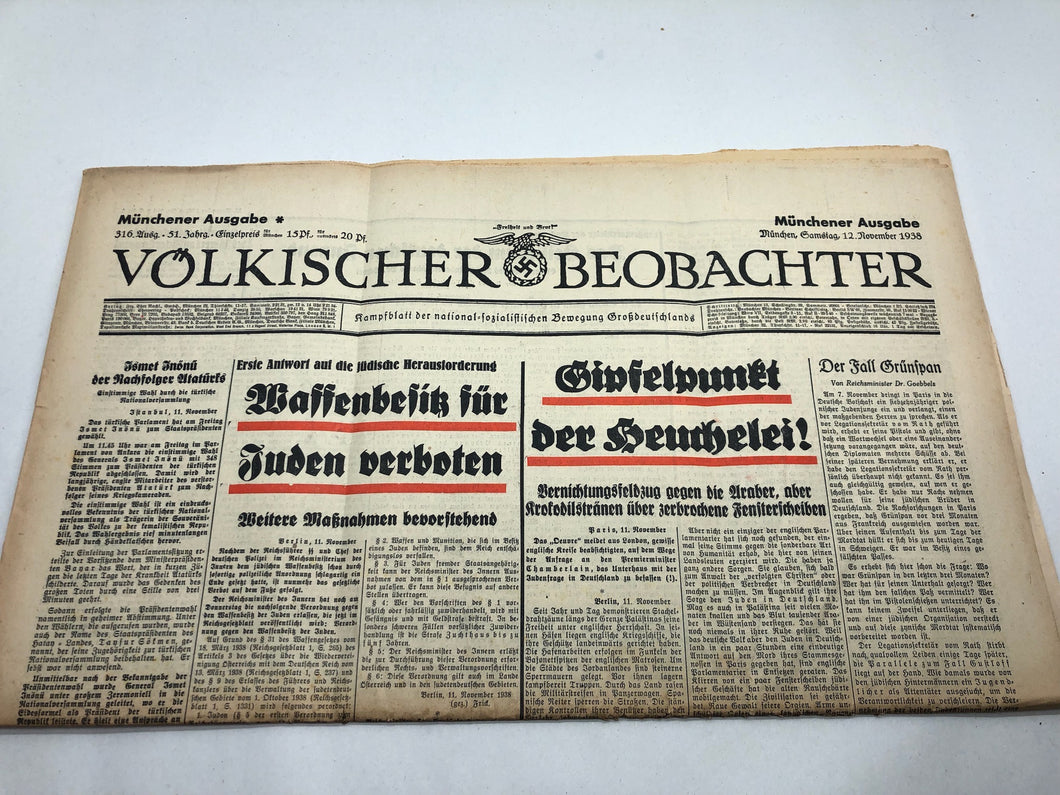 Original WW2 German Nazi Party VOLKISCHER BEOBACHTER Political Newspaper - 12 November 1938