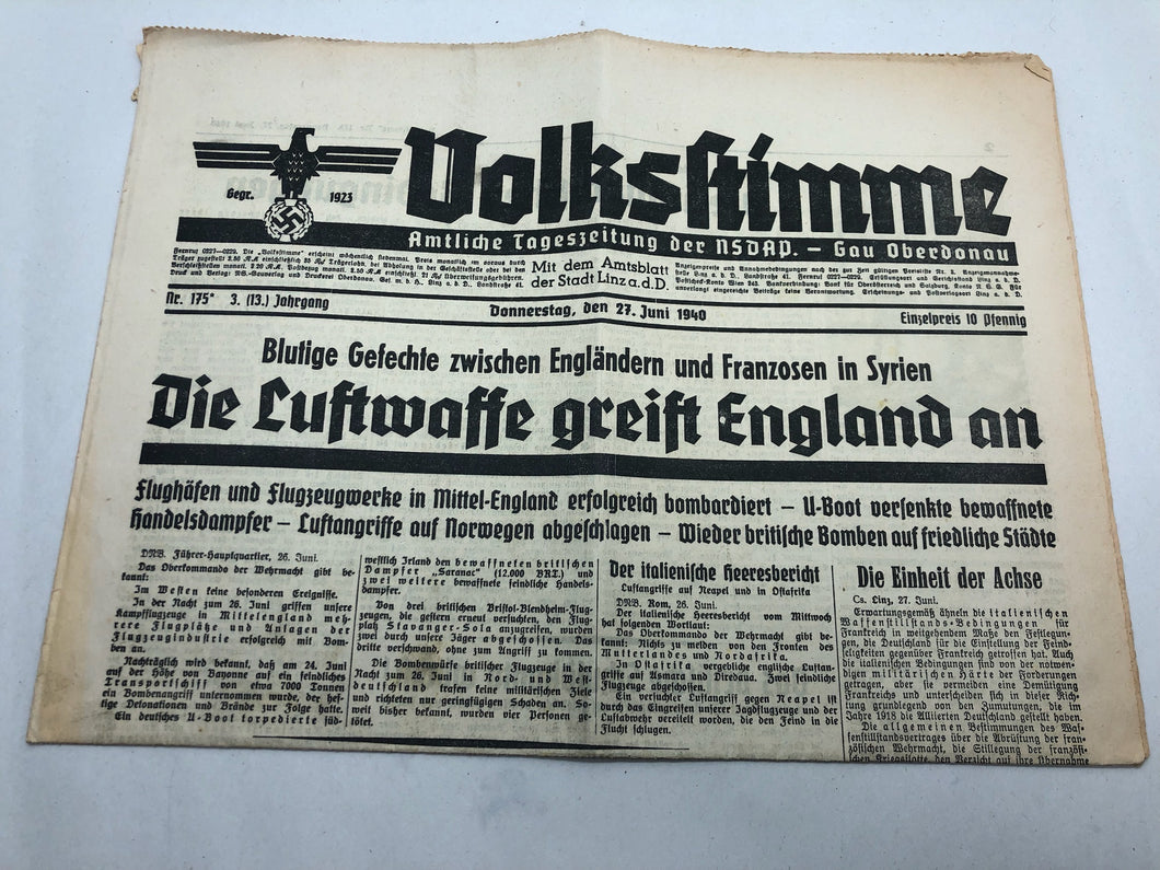 Original WW2 German NSDAP VOLKSSTIMME Political Newspaper - 27th June 1940
