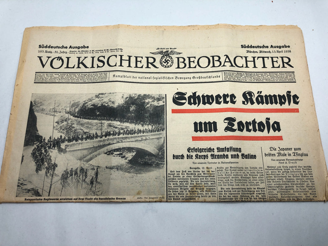 Original WW2 German Nazi Party VOLKISCHER BEOBACHTER Political Newspaper - 13 April 1938