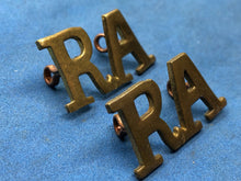 Load image into Gallery viewer, Original WW2 British Army Royal Artillery RA Brass Shoulder Titles Pair
