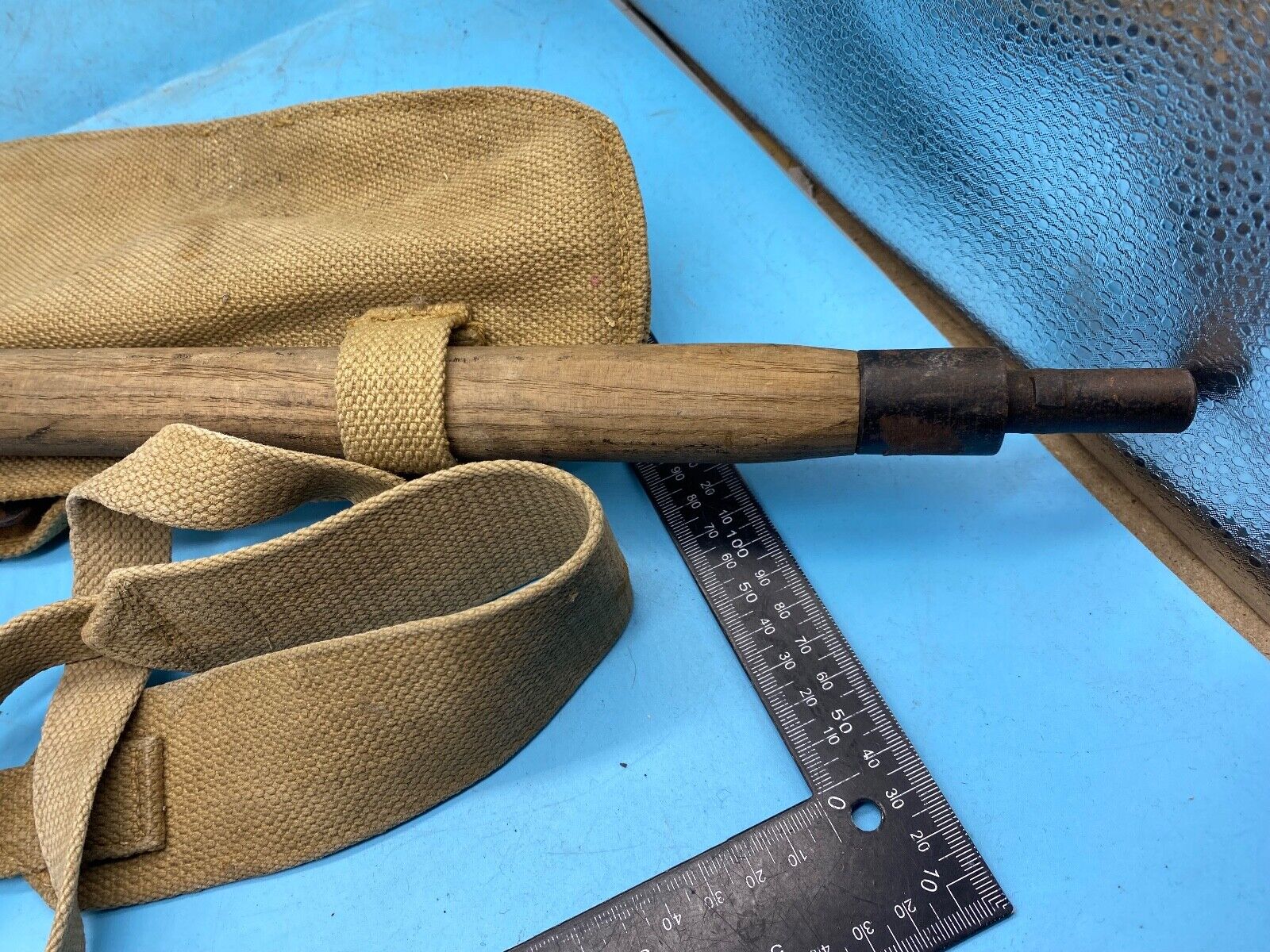 Original WW2 British Army Canvas Handle, Carrier & 1944 Dated Helve with Strap - The Militaria Shop
