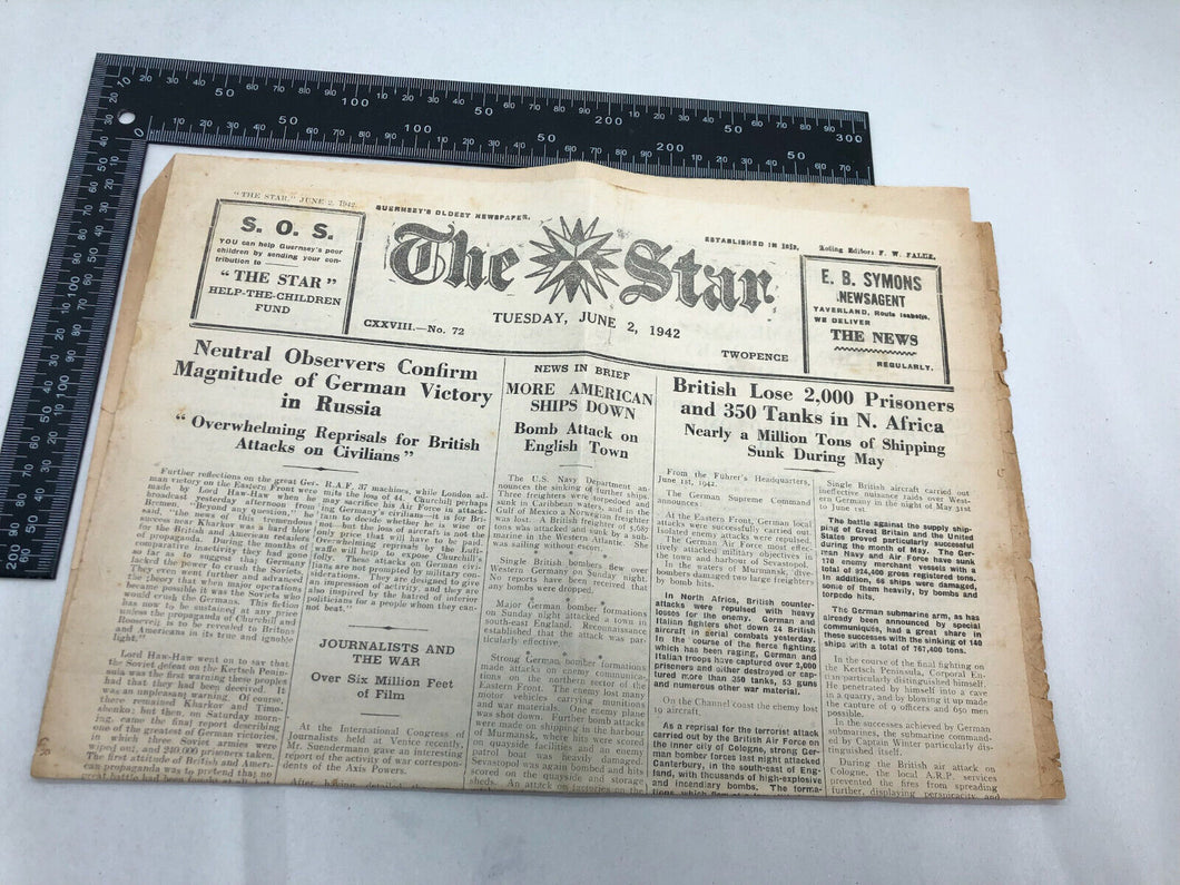 Original WW2 British Newspaper Channel Islands Occupation Guernsey - June 1942