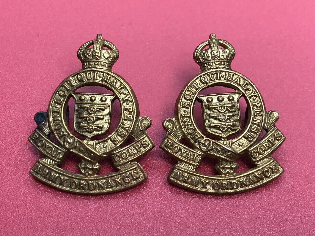 Original British Army RAOC Royal Army Ordnance Corps Collar Badge Pair