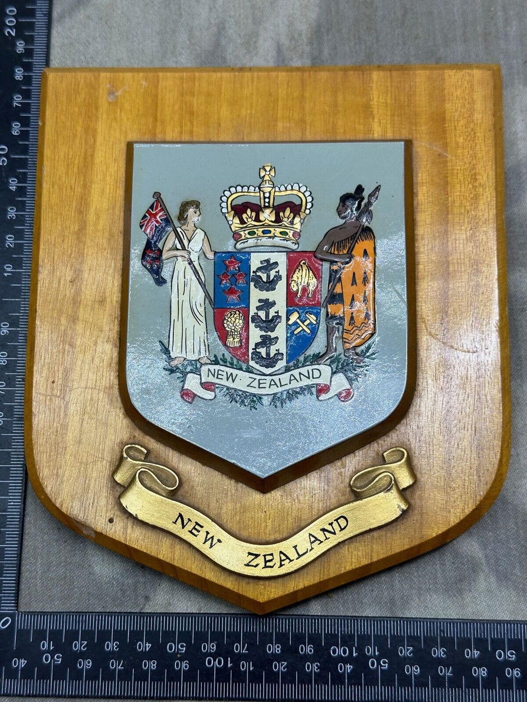 Vintage New Zealand Coat of Arms Wooden Wall Plaque