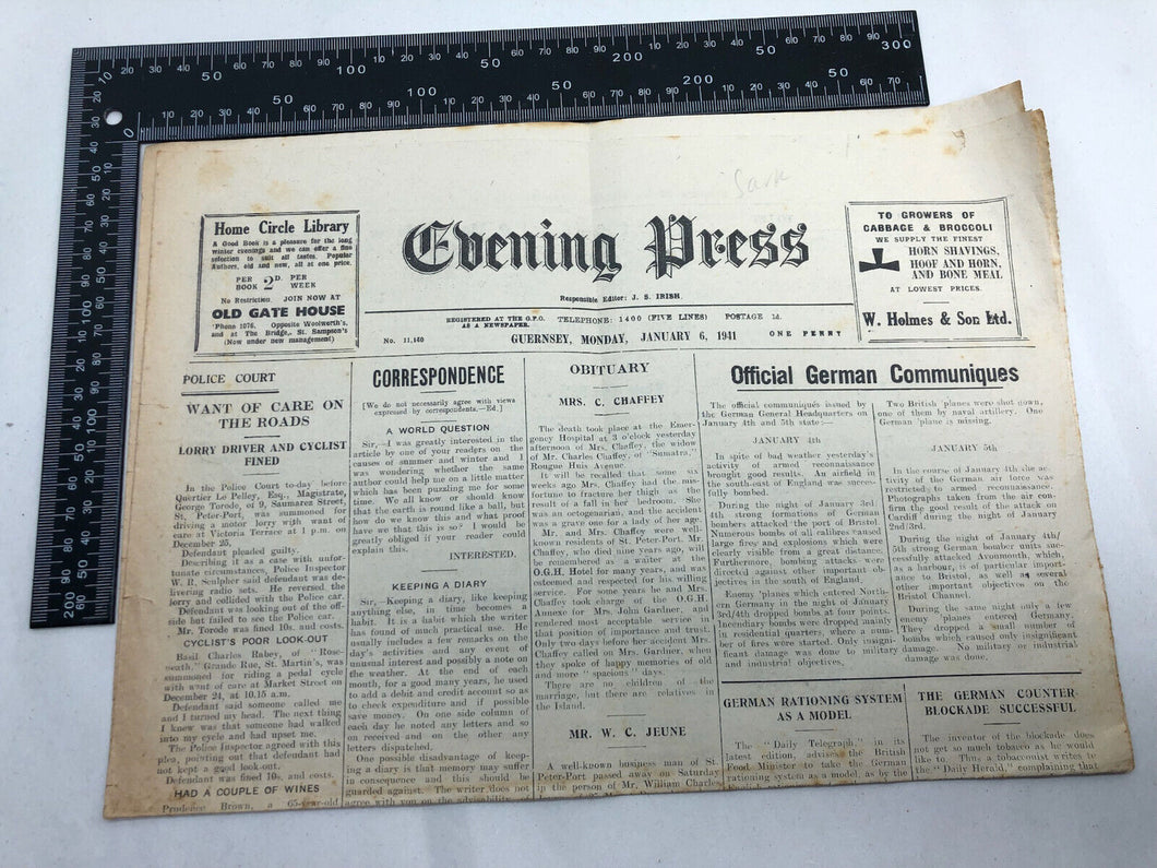 Original WW2 British Newspaper Channel Islands Occupation Guernsey - Jan 1941